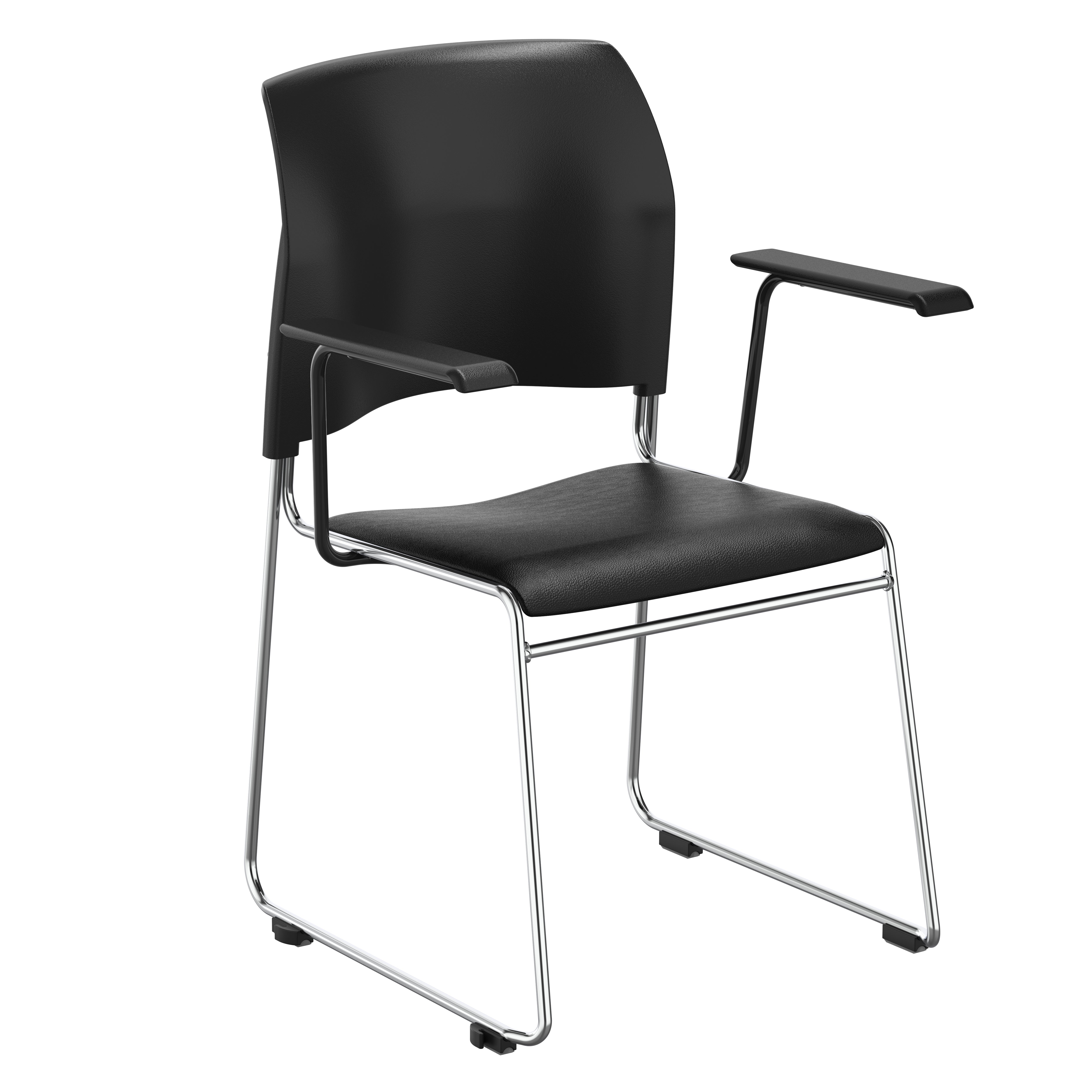 NPS® 8700 Series Cafetorium Plush Vinyl Stack Chair with Arms, Surface Color: Black Vinyl, Frame Color: Chrome