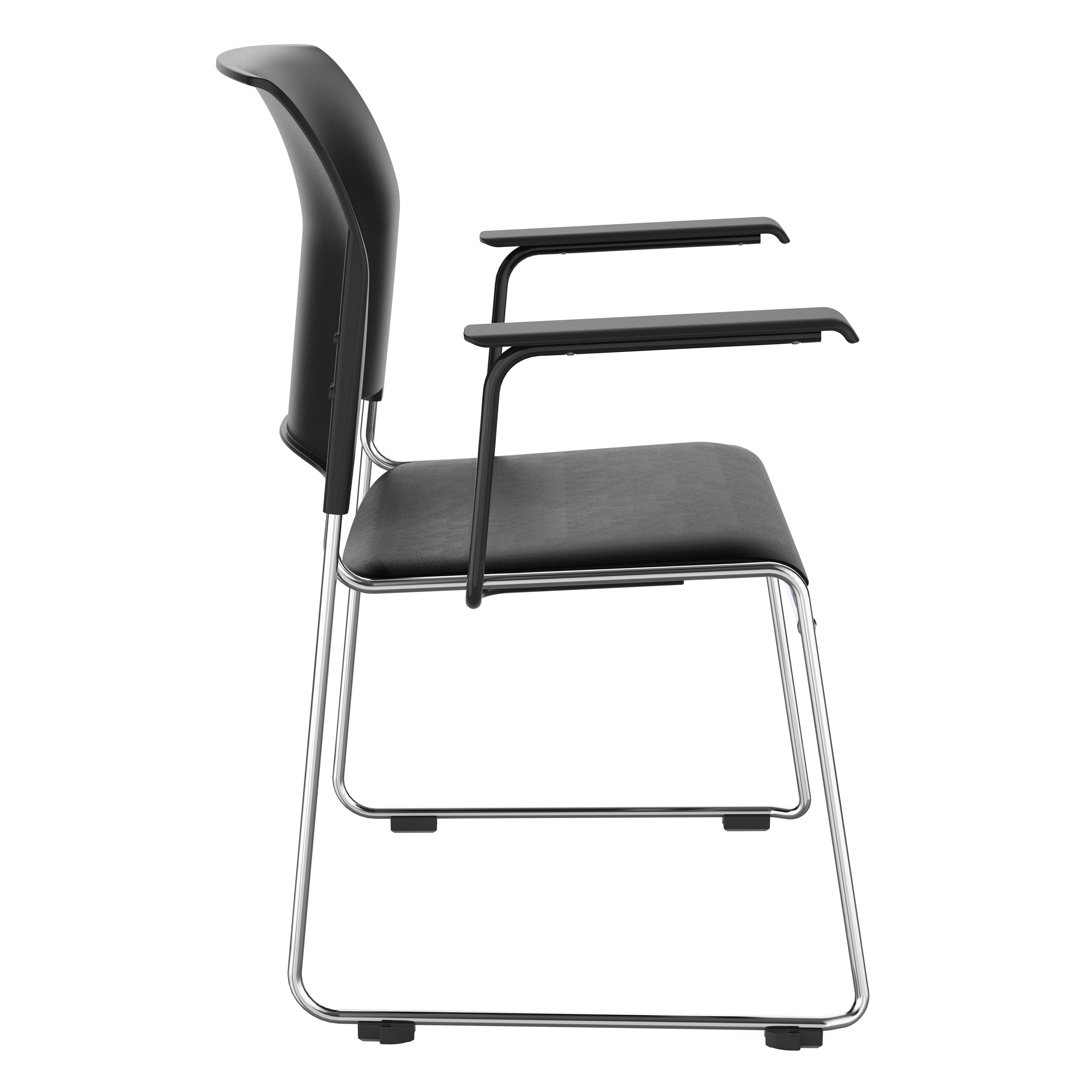 NPS® 8700 Series Cafetorium Plush Vinyl Stack Chair with Arms, Surface Color: Black Vinyl, Frame Color: Chrome
