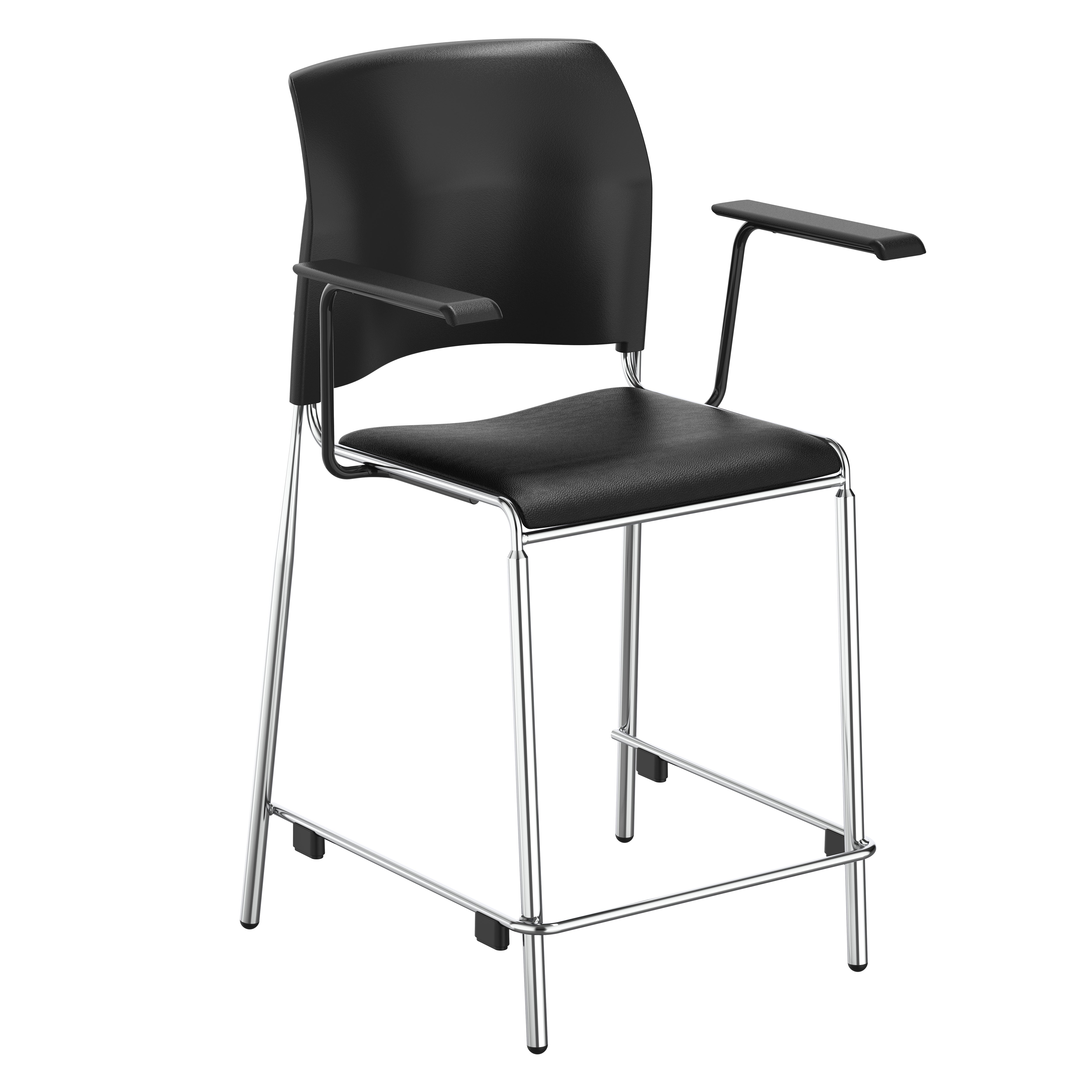 NPS® 8700 Series Cafetorium Plush Vinyl Stool with Arms, 24"H, Surface Color: Black, Frame Color: Chrome