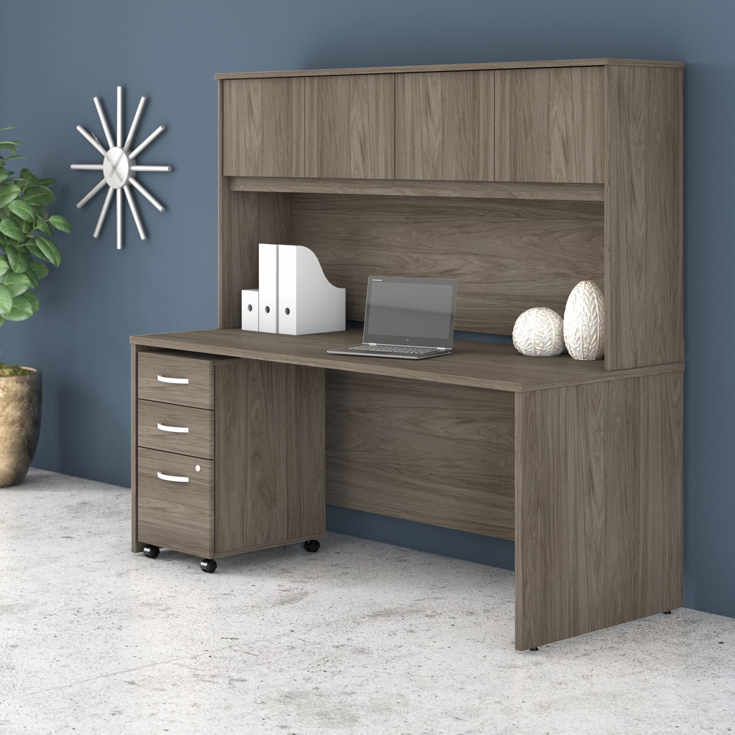 Bush Business Furniture Studio C 72W x 30D Office Desk with Hutch and Mobile File Cabinet in Modern Hickory - 71.02" Width x 29.37" Depth x 65.84" Height