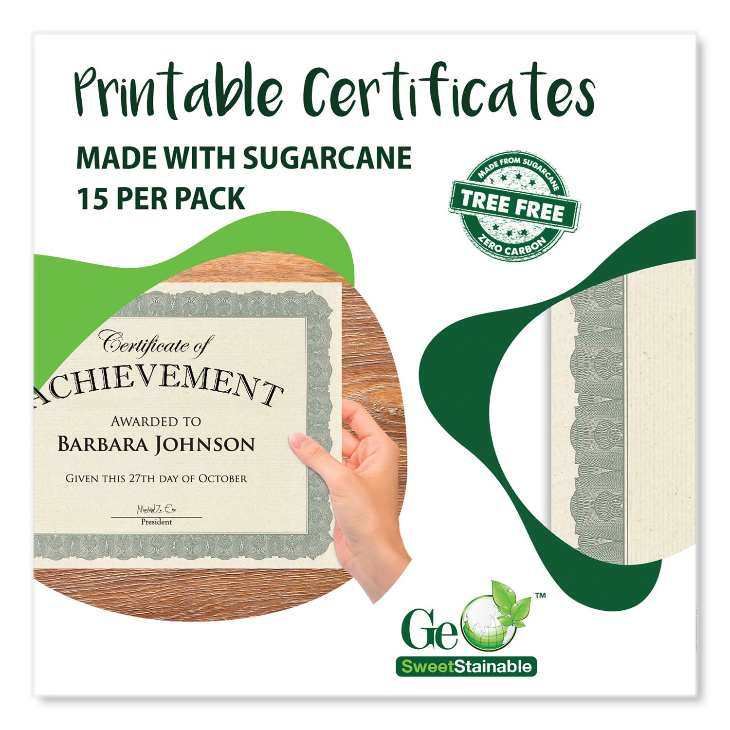 Geographics Tree Free Certificate - 8.5" Width - Multicolor with Silver Border - Sugarcane - 15 / Pack