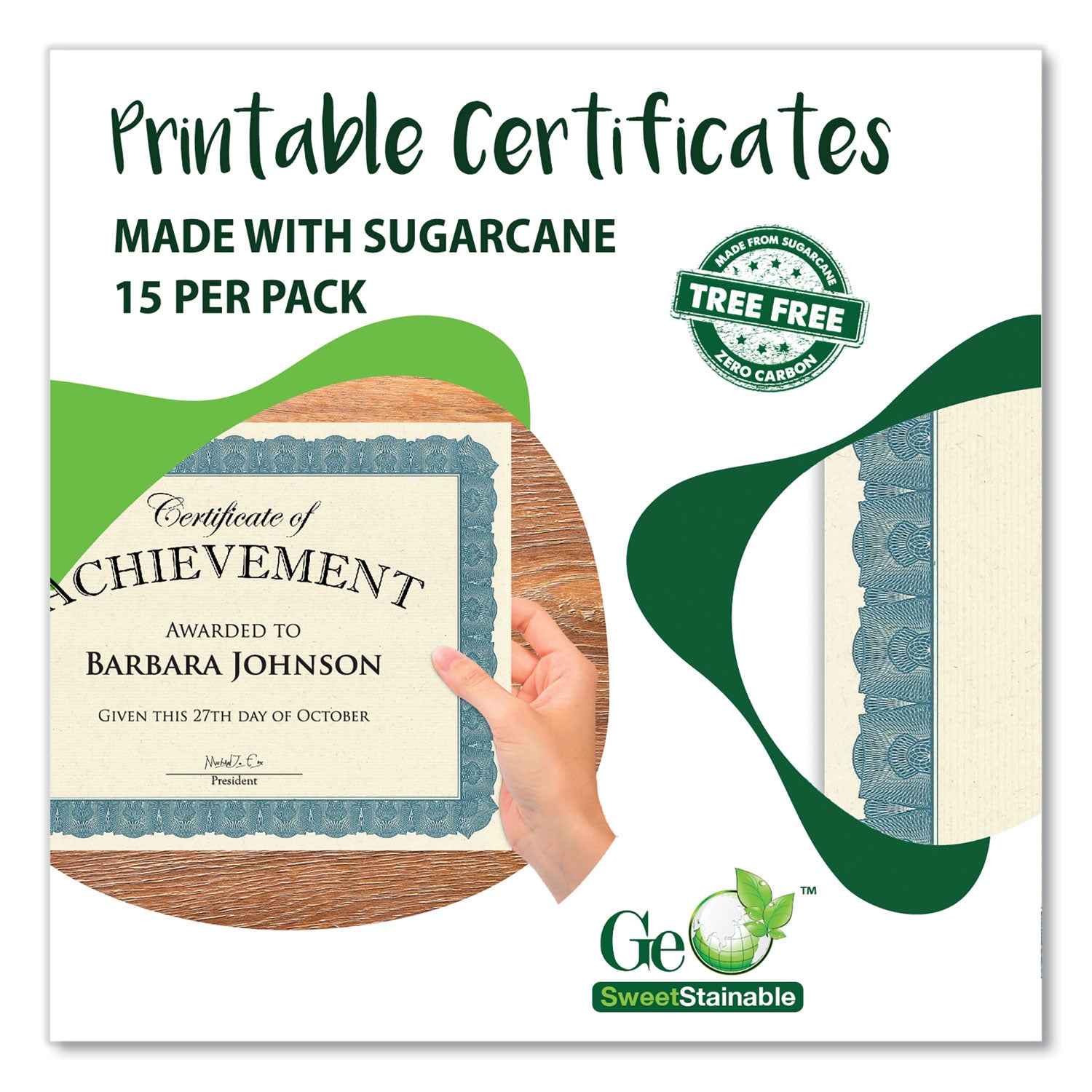 Geographics Tree Free Certificate - 8.5" Width - Multicolor with Blue Border - Sugarcane - 15 / Pack