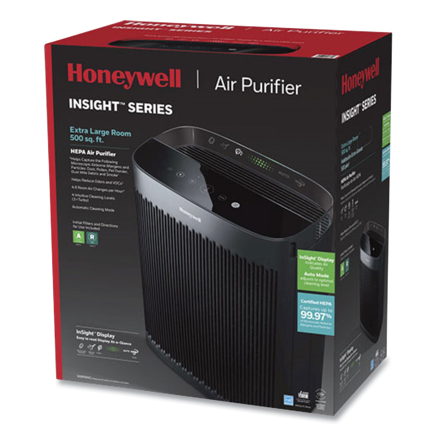 Honeywell InSight HEPA Air Purifier, 1 Each, Black, 500 Sq. ft. Coverage, 4 Fan Speeds, Touch Display, Programmable Timer, Portable
