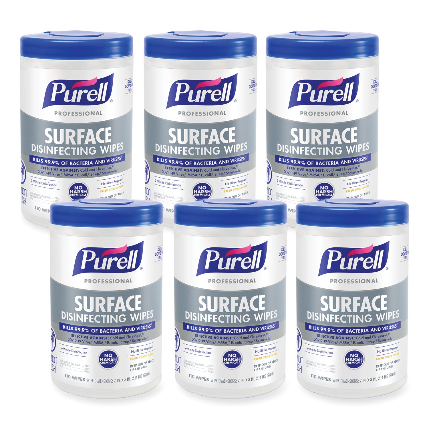 For Hard Surface, Desk - Wipe - Fresh Citrus Scent - 8" Length x 7" Width - Recommended For: Bacteria Remover, Virus Remover - Disinfectant, No-rinse, Durable, Bleach-free, Fume-free - White - 110/Tub - 6 / Carton