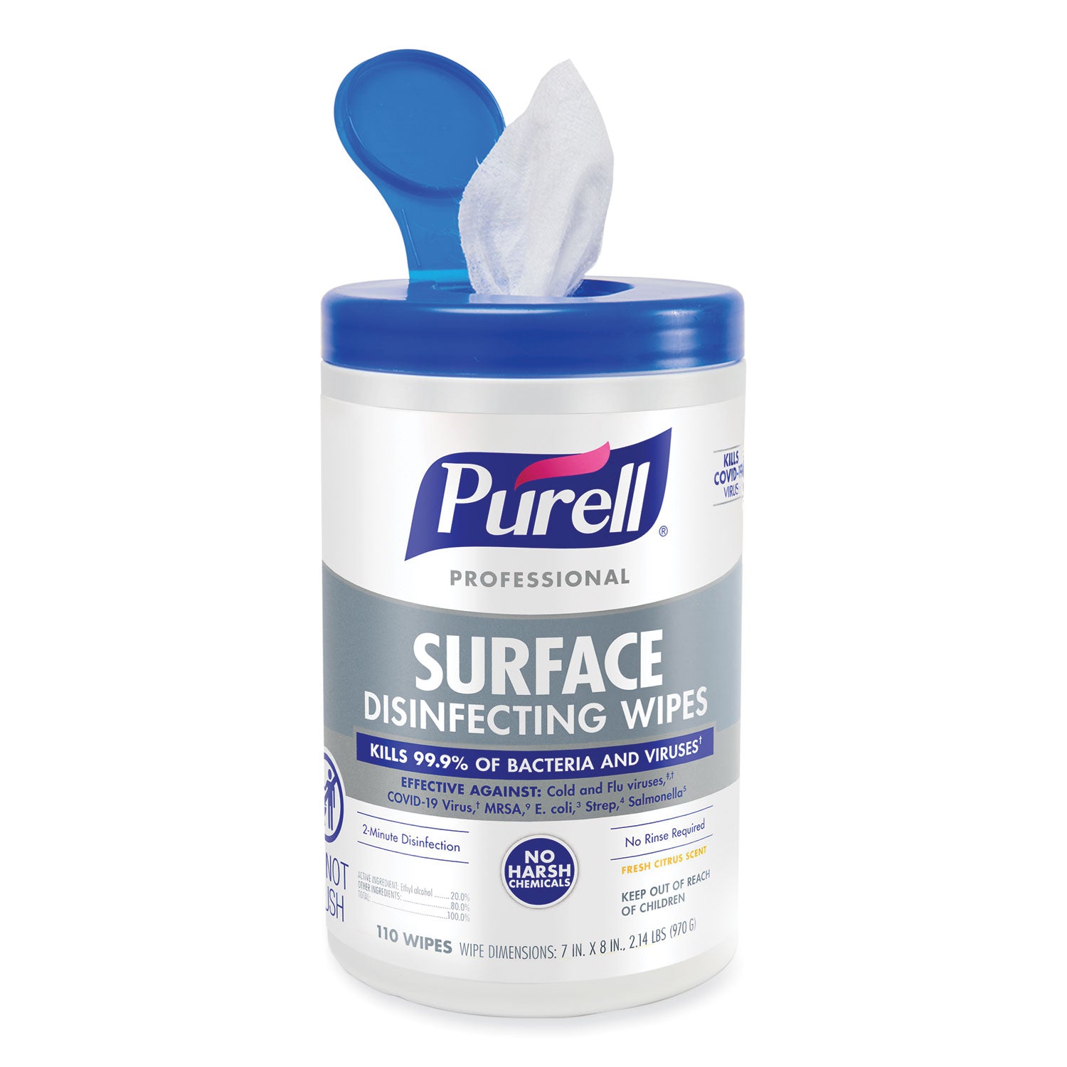 For Hard Surface, Desk - Wipe - Fresh Citrus Scent - 8" Length x 7" Width - Recommended For: Bacteria Remover, Virus Remover - Disinfectant, No-rinse, Durable, Bleach-free, Fume-free - White - 110/Tub - 6 / Carton