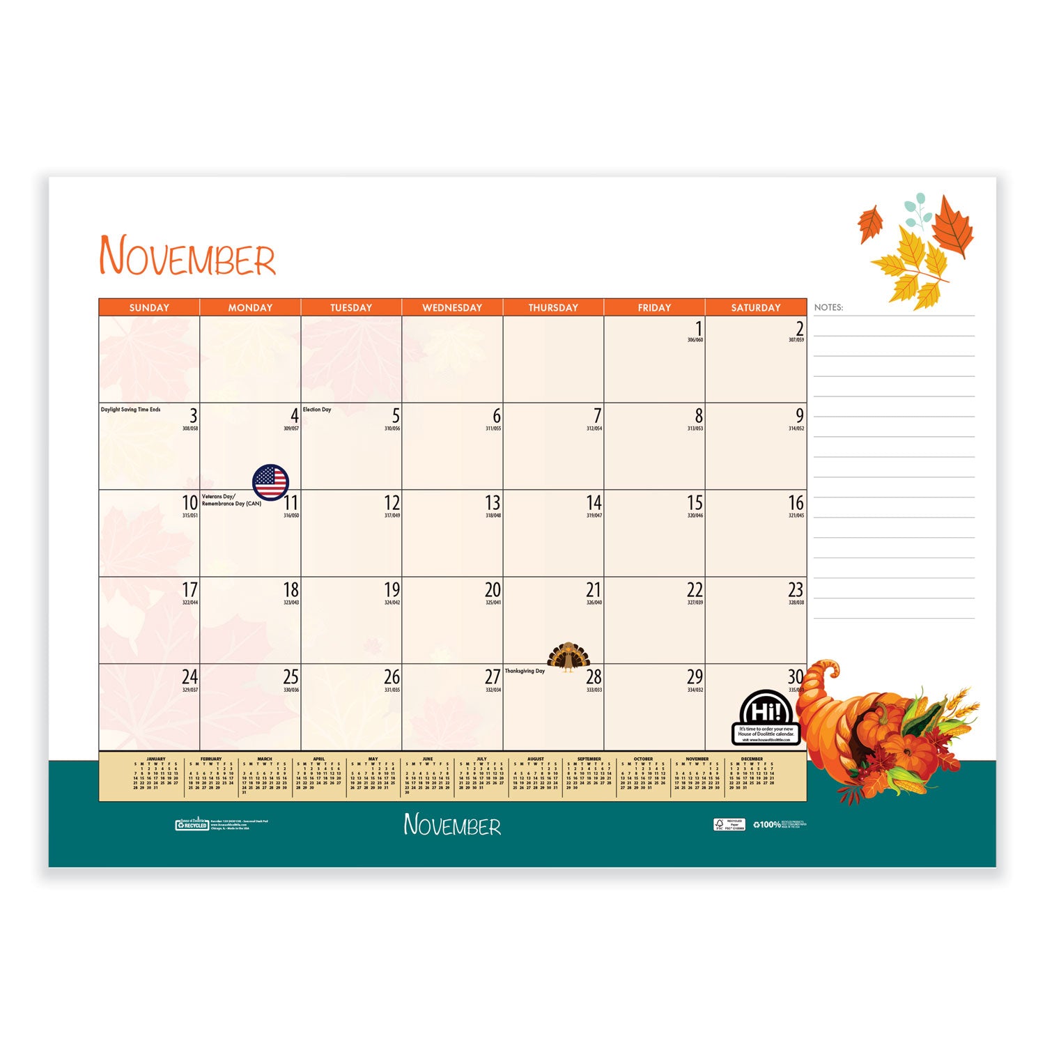 Julian Dates - Monthly - 12 Month - January 2026 to December 2026 - 1 Month Single Page Layout - Desk Pad - Multi - Leatherette - 17" Height x 22" Width - Recyclable, Notes Area, Holiday Listing, Reference Calendar - 1 Each