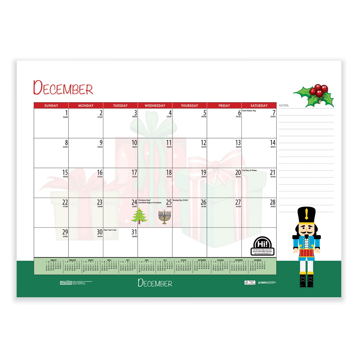 Julian Dates - Monthly - 12 Month - January 2026 to December 2026 - 1 Month Single Page Layout - Desk Pad - Multi - Leatherette - 17" Height x 22" Width - Recyclable, Notes Area, Holiday Listing, Reference Calendar - 1 Each