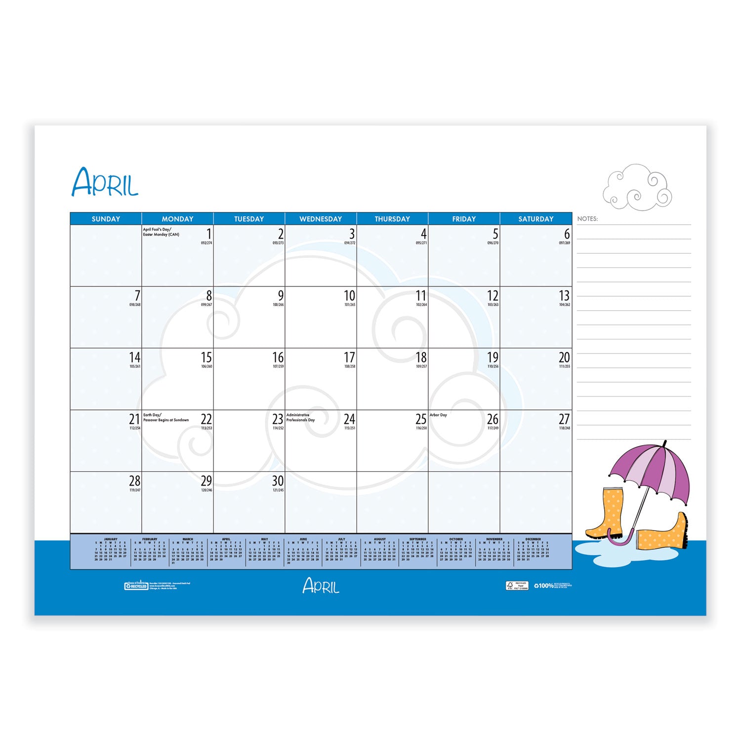 Julian Dates - Monthly - 12 Month - January 2026 to December 2026 - 1 Month Single Page Layout - Desk Pad - Multi - Leatherette - 17" Height x 22" Width - Recyclable, Notes Area, Holiday Listing, Reference Calendar - 1 Each