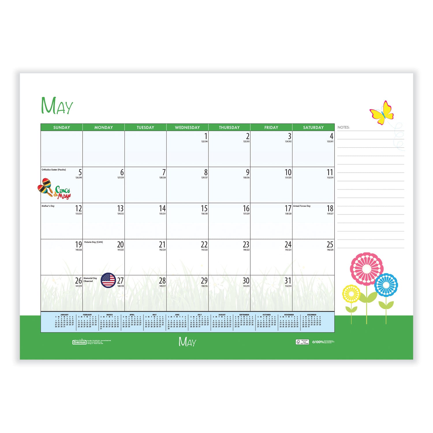 Julian Dates - Monthly - 12 Month - January 2026 to December 2026 - 1 Month Single Page Layout - Desk Pad - Multi - Leatherette - 17" Height x 22" Width - Recyclable, Notes Area, Holiday Listing, Reference Calendar - 1 Each
