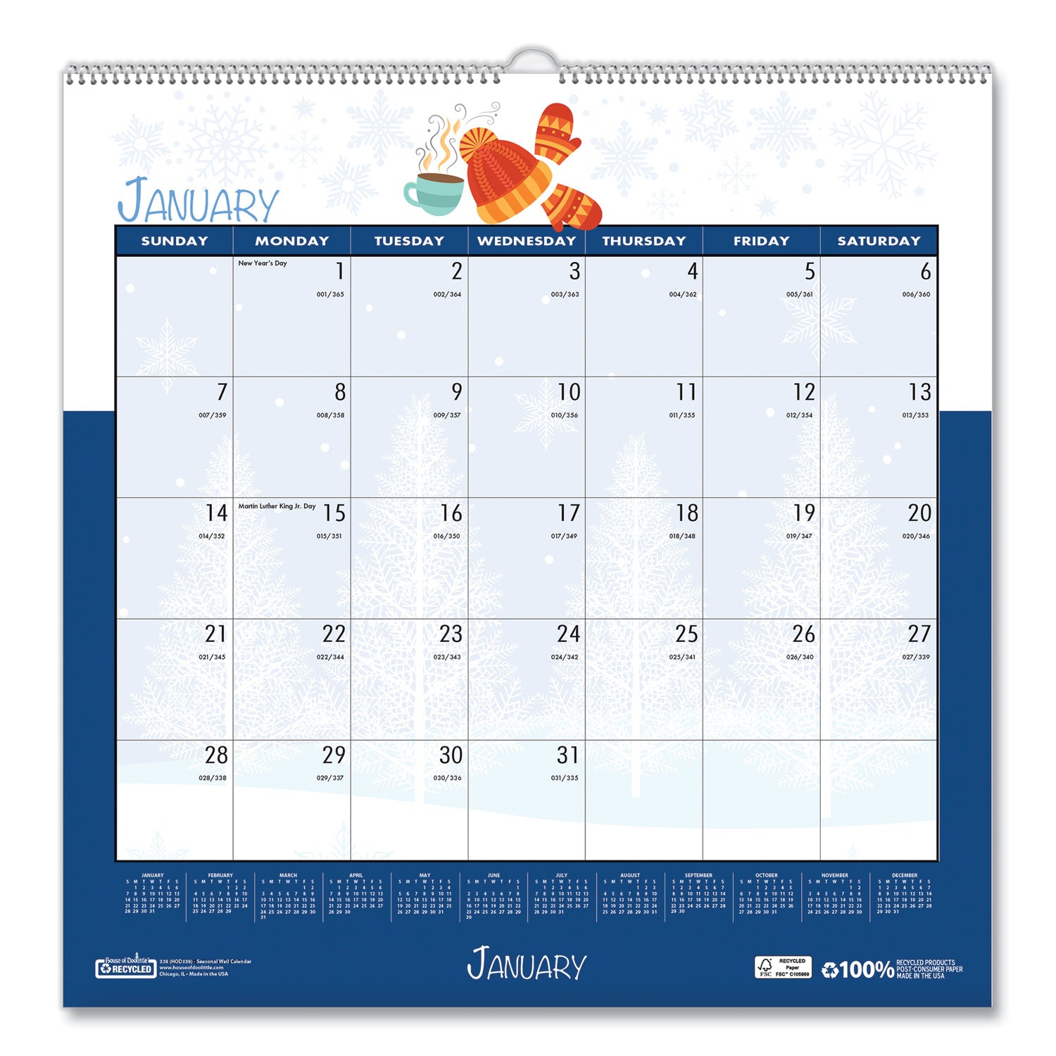 Julian Dates - Monthly - 1 Month Single Page Layout - Wire Bound - 12" Height x 12" Width - Recyclable, Reference Calendar, Holiday Listing - 1 Each