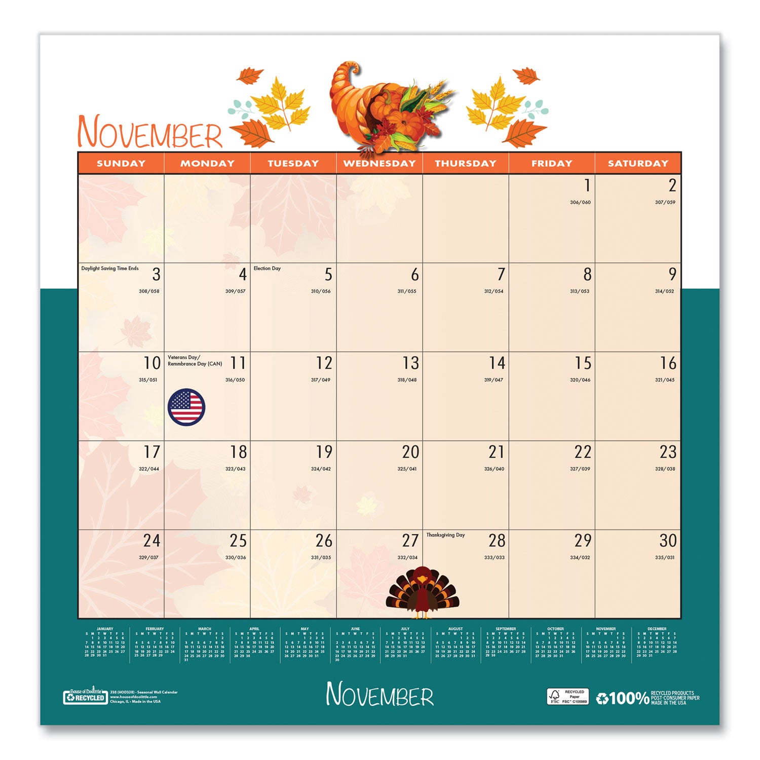 Julian Dates - Monthly - 1 Month Single Page Layout - Wire Bound - 12" Height x 12" Width - Recyclable, Reference Calendar, Holiday Listing - 1 Each