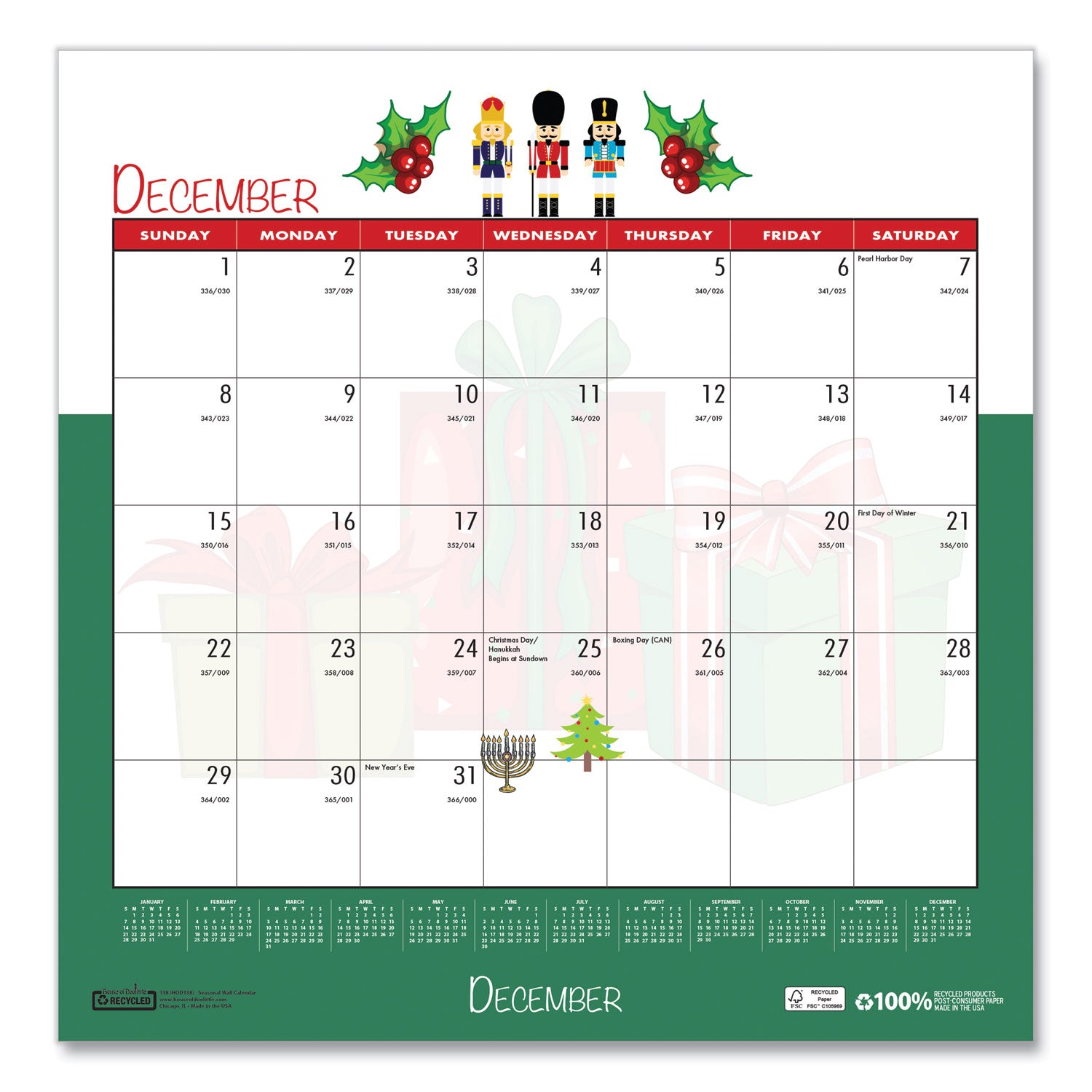 Julian Dates - Monthly - 1 Month Single Page Layout - Wire Bound - 12" Height x 12" Width - Recyclable, Reference Calendar, Holiday Listing - 1 Each