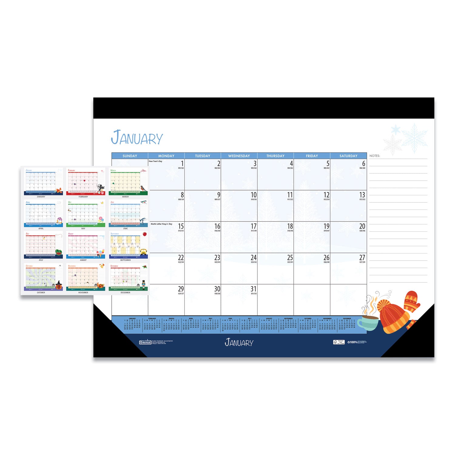 Julian Dates - Monthly - 12 Month - January 2026 to December 2026 - 1 Month Single Page Layout - Desk Pad - Multi - Leatherette - 17" Height x 22" Width - Recyclable, Notes Area, Holiday Listing, Reference Calendar - 1 Each
