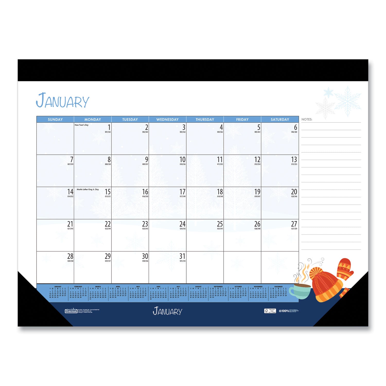 Julian Dates - Monthly - 12 Month - January 2026 to December 2026 - 1 Month Single Page Layout - Desk Pad - Multi - Leatherette - 17" Height x 22" Width - Recyclable, Notes Area, Holiday Listing, Reference Calendar - 1 Each