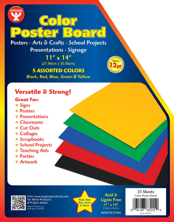 Colored Posterboard 11"x14" 25 pcs, 5 ea of Red,Yellow,Green,Blue,Black