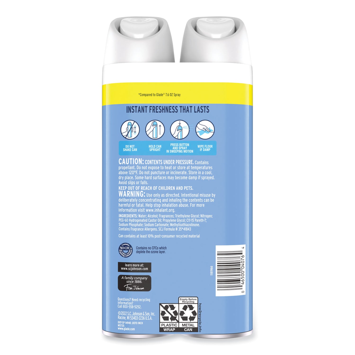 Glade Air Freshener Spray - Aerosol - 8.1 fl oz (0.3 quart) - Clean Linen - Odor Neutralizer, Ozone-safe, CFC-free - 2 / Pack
