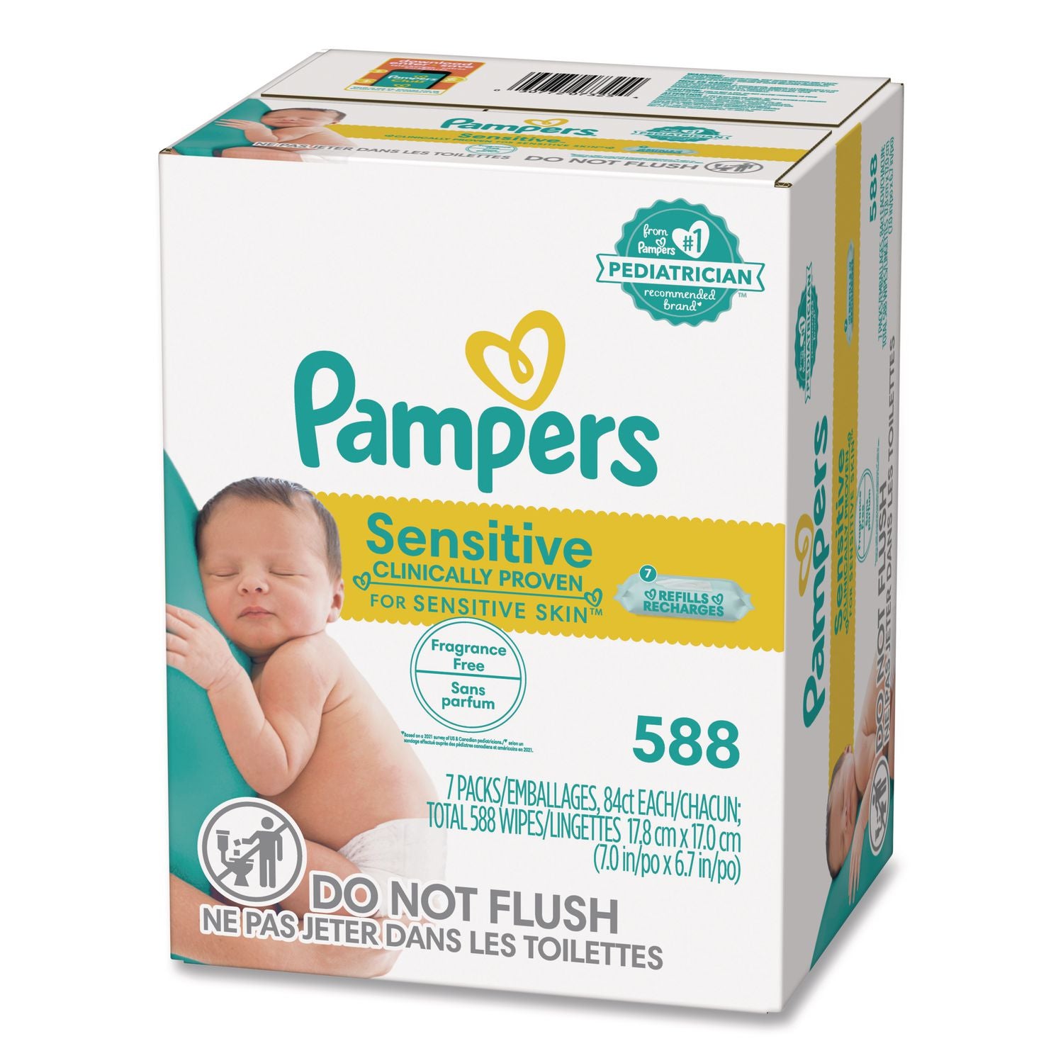 Pampers Baby Wipes Sensitive, White, 84 Wipes per Pack, 588 Wipes per Box