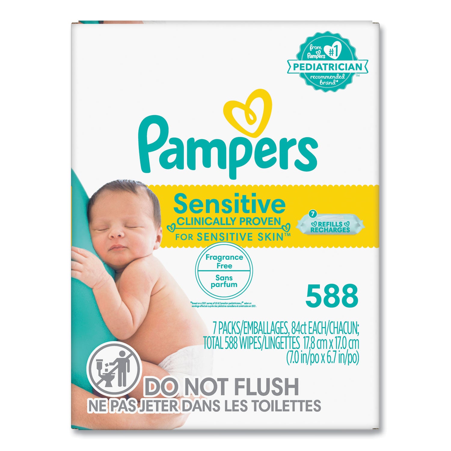 Pampers Baby Wipes Sensitive, White, 84 Wipes per Pack, 588 Wipes per Box