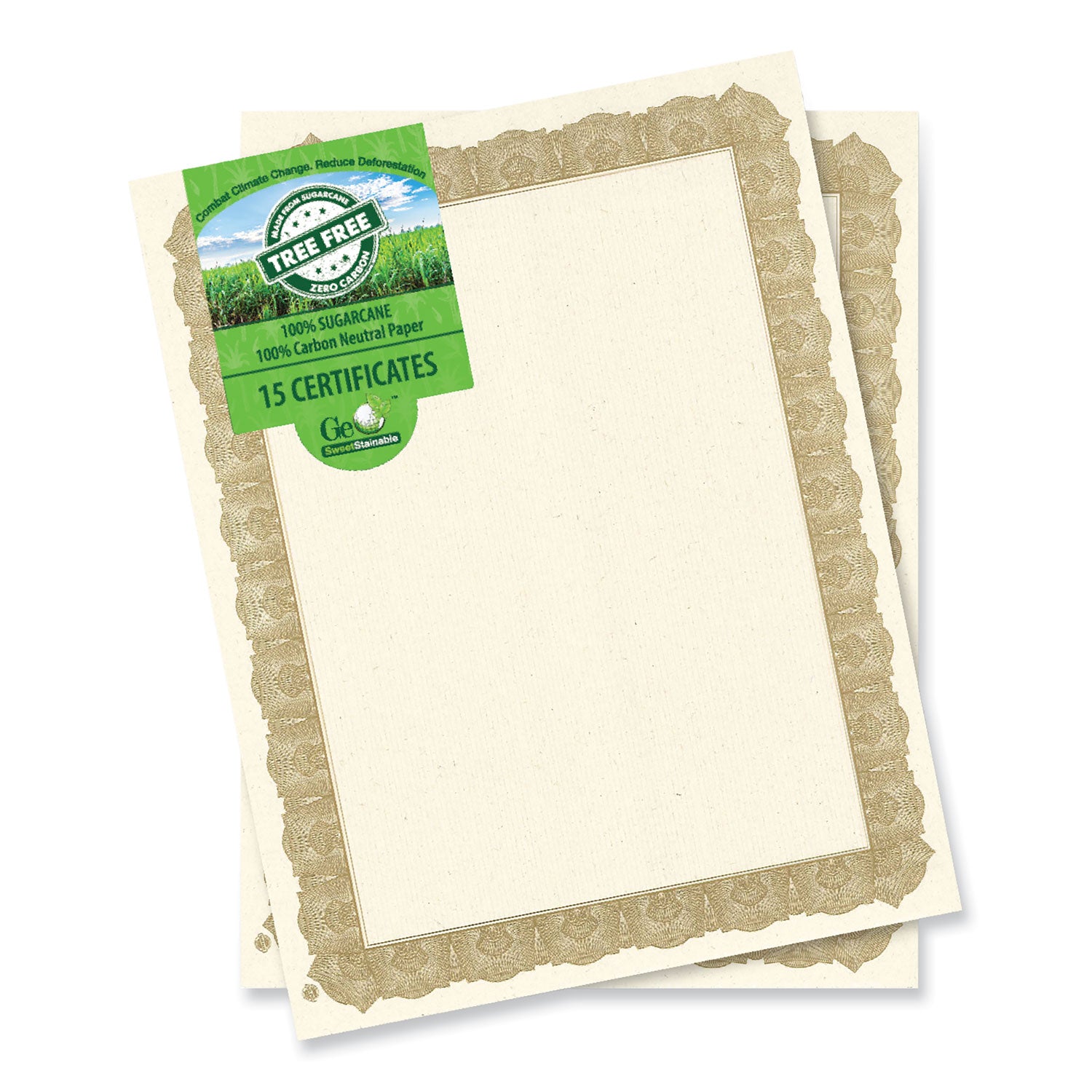 Geographics Tree Free Certificate - 8.5" Width - Multicolor with Gold Border - Sugarcane - 15 / Pack