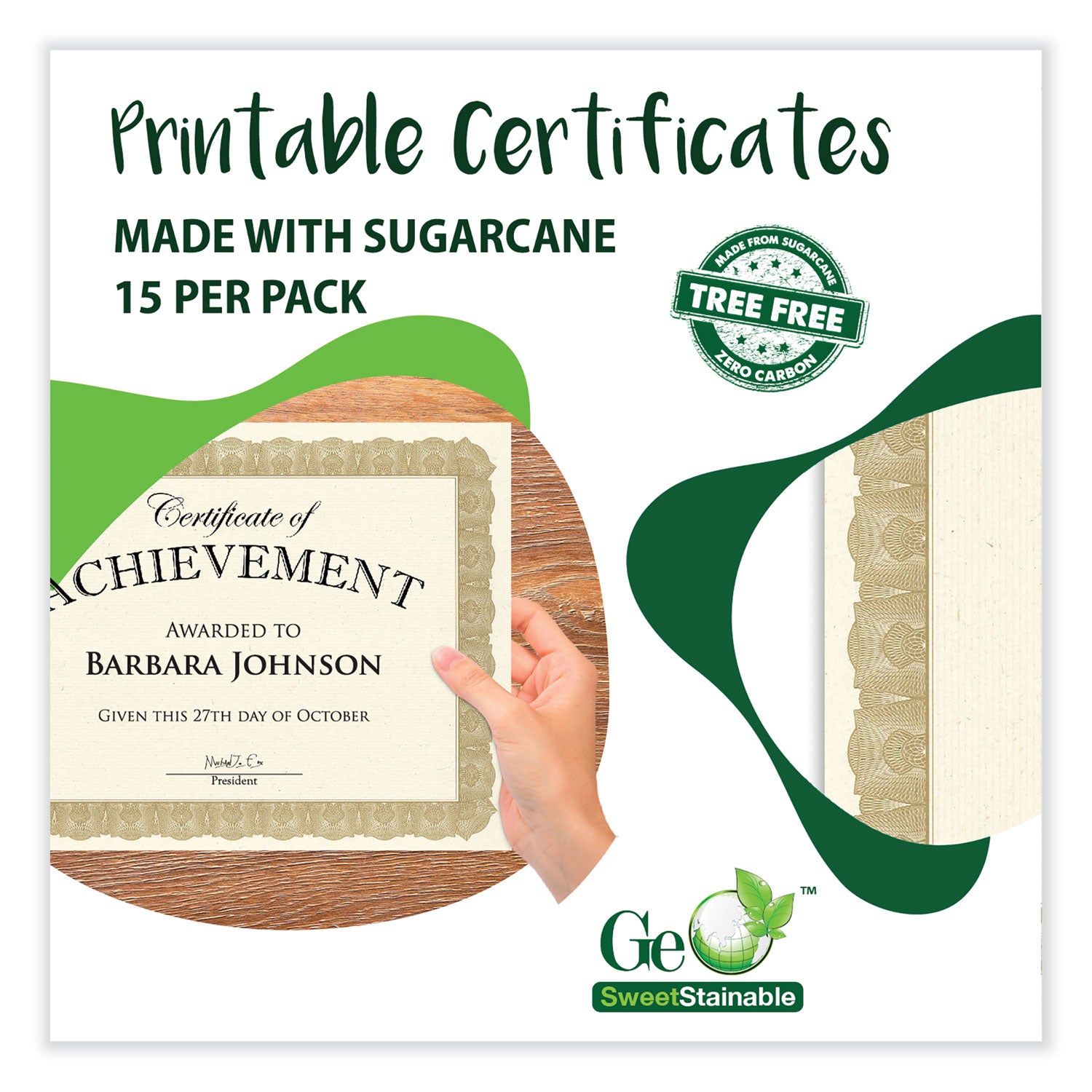 Geographics Tree Free Certificate - 8.5" Width - Multicolor with Gold Border - Sugarcane - 15 / Pack