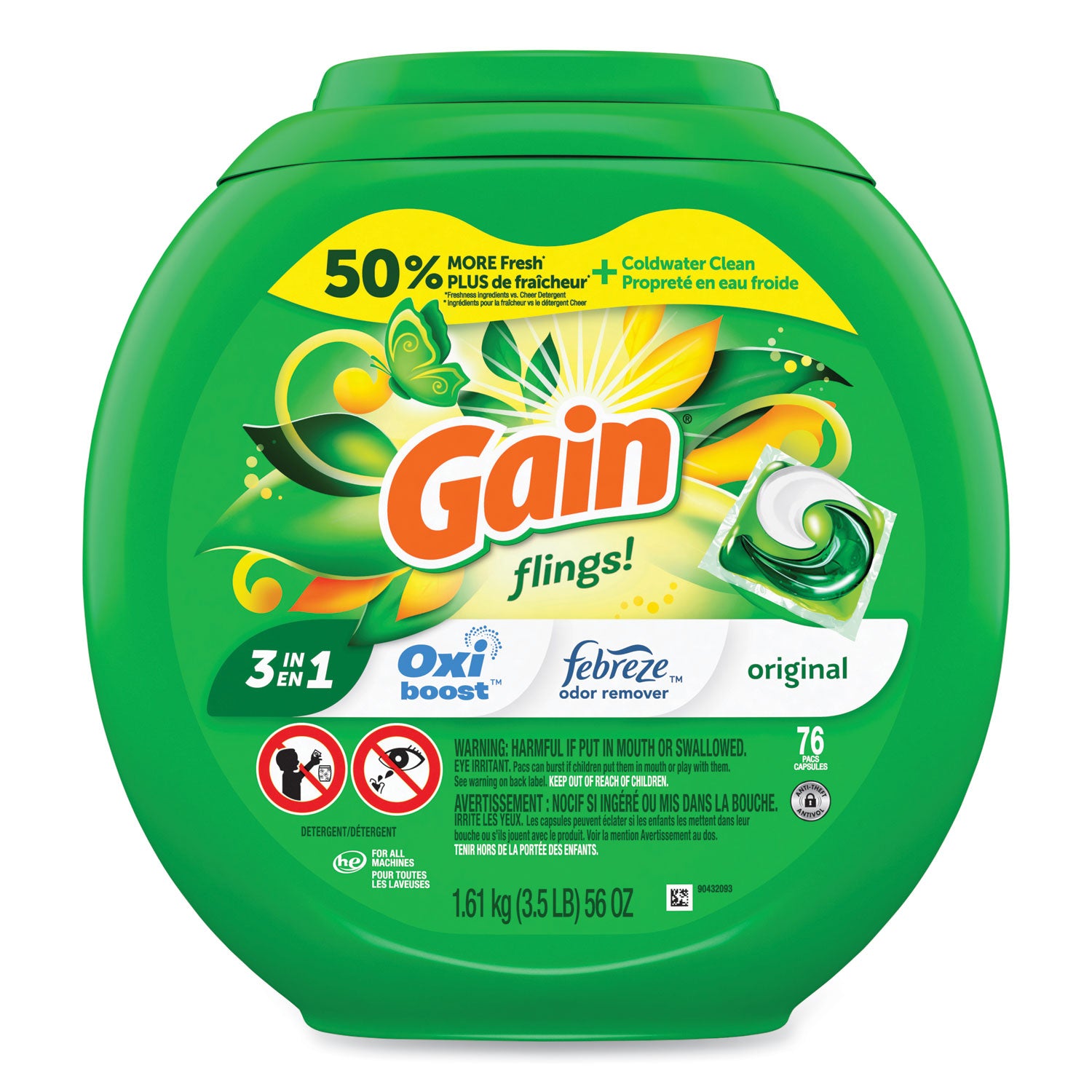Gain Flings Detergent Pacs, Original Scent, Green, 76 Pacs per Pack, 4 Packs per Carton