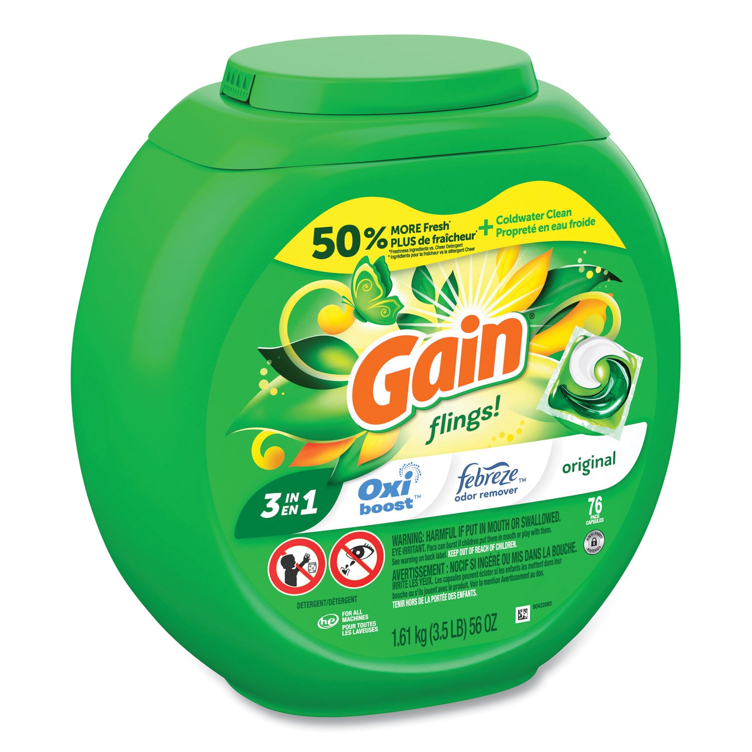 Gain Flings Detergent Pacs, Original Scent, Green, 76 Pacs per Pack, 4 Packs per Carton