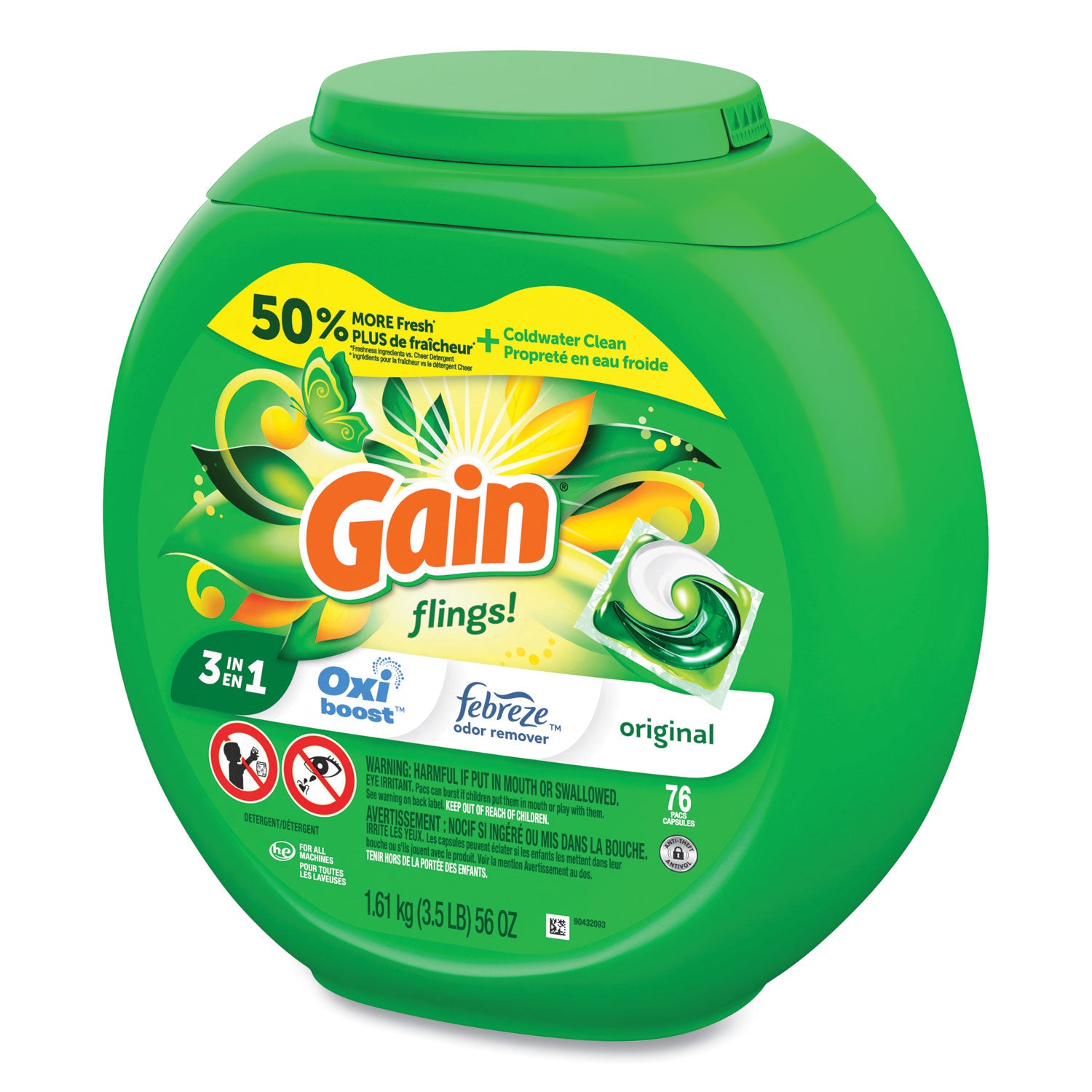 Gain Flings Detergent Pacs, Original Scent, Green, 76 Pacs per Pack, 4 Packs per Carton