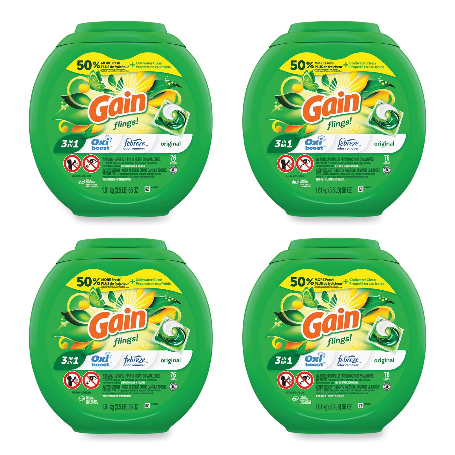 Gain Flings Detergent Pacs, Original Scent, Green, 76 Pacs per Pack, 4 Packs per Carton