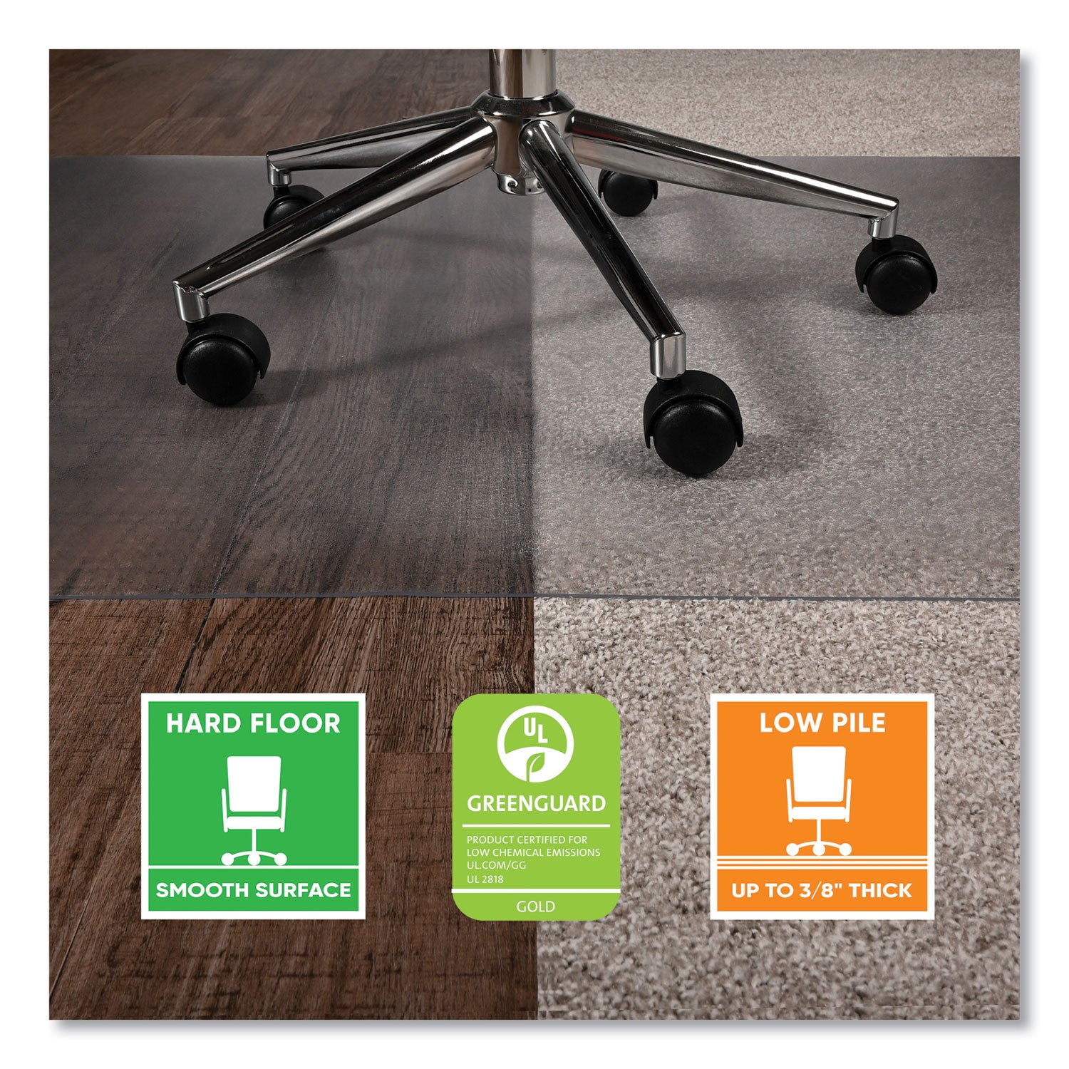 Hard Floor, Carpet - 48" Length x 36" Width x 0.370" Thickness - Vinyl - Clear - 1 Each