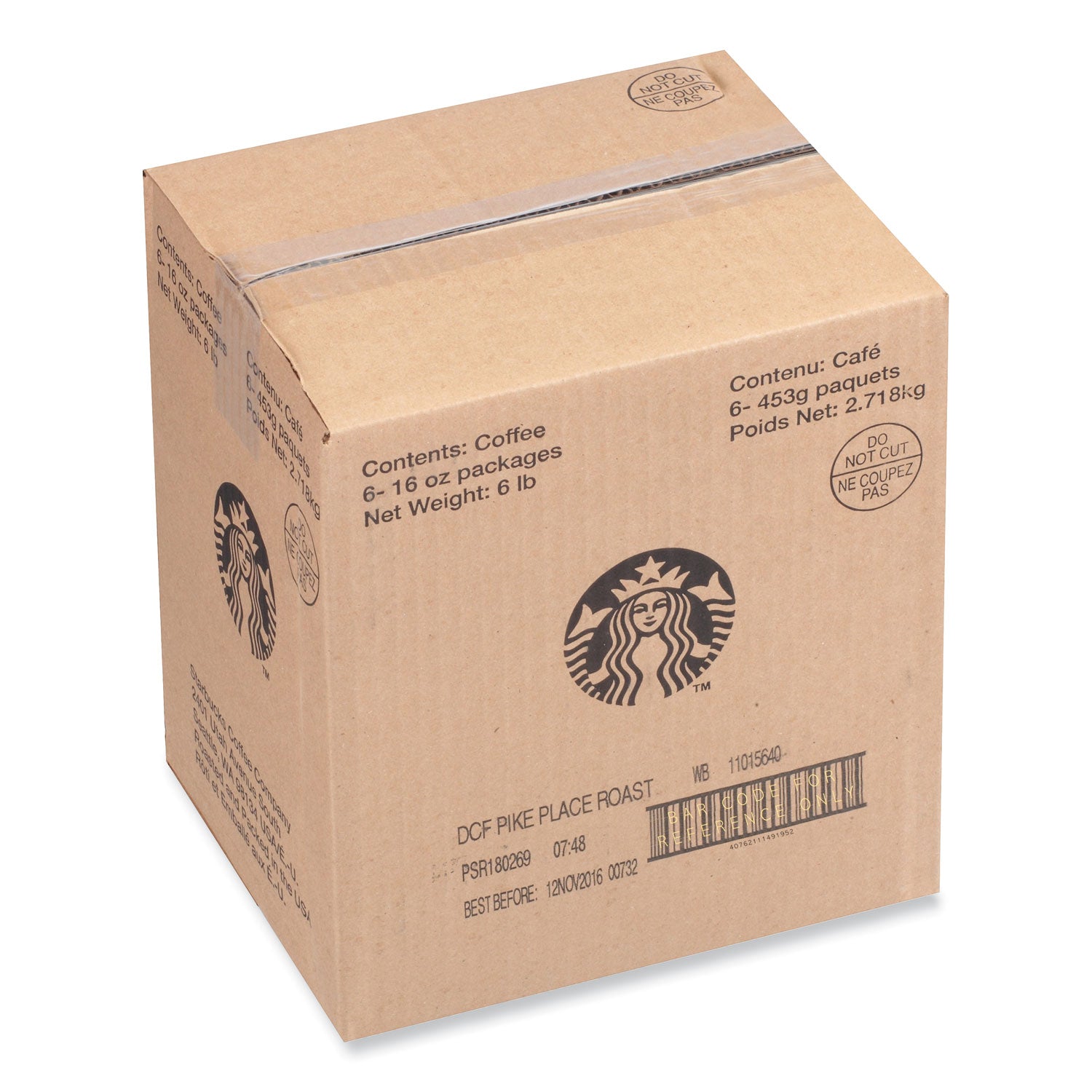Starbucks Pike Place Decaf Whole Bean Coffee, Medium Roast, 16 oz, 1 Each
