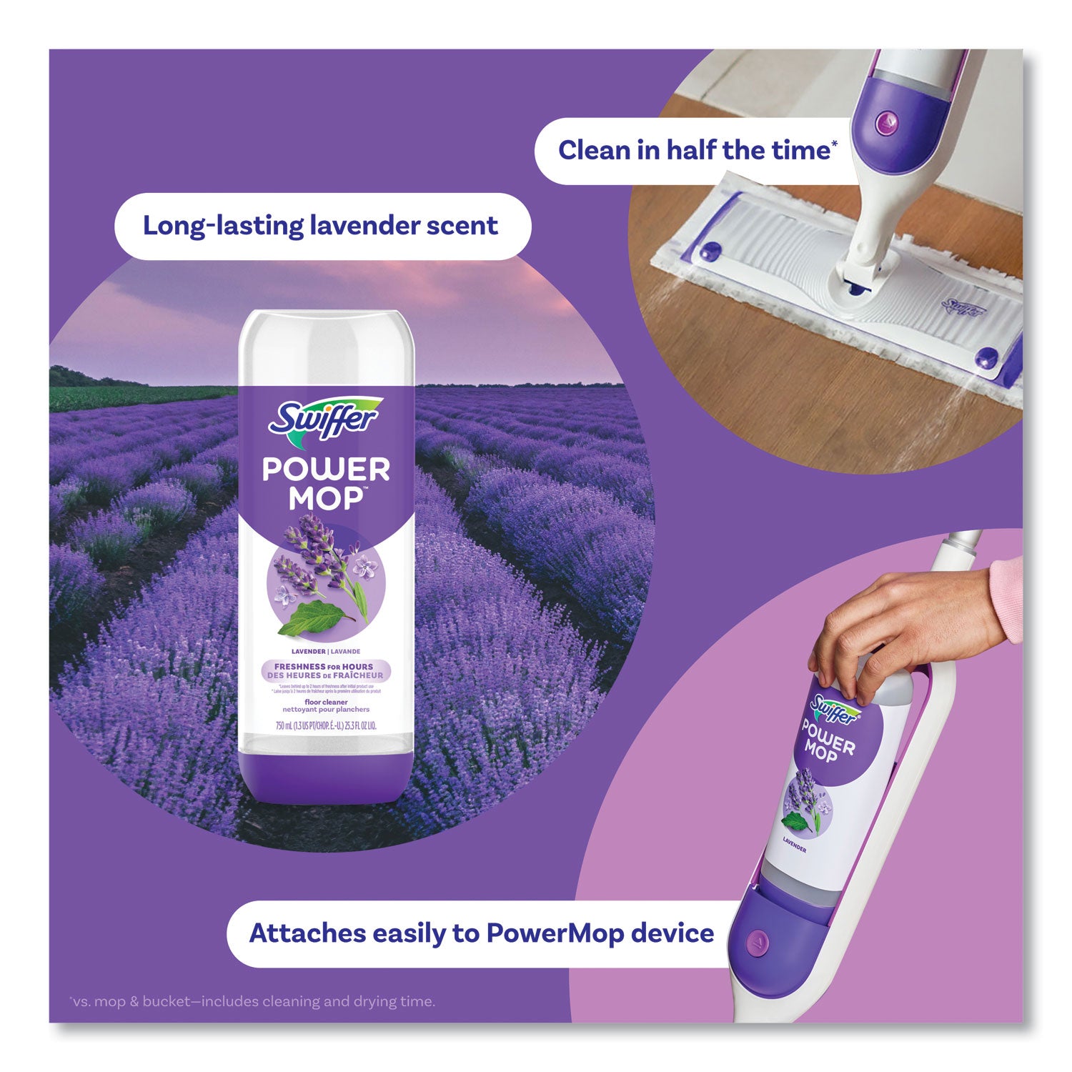 Swiffer PowerMop Floor Solution, Lavender Scent, Quick Drying, Rinse-Free, Aerosol, 25.3 oz, Purple, 1 Bottle