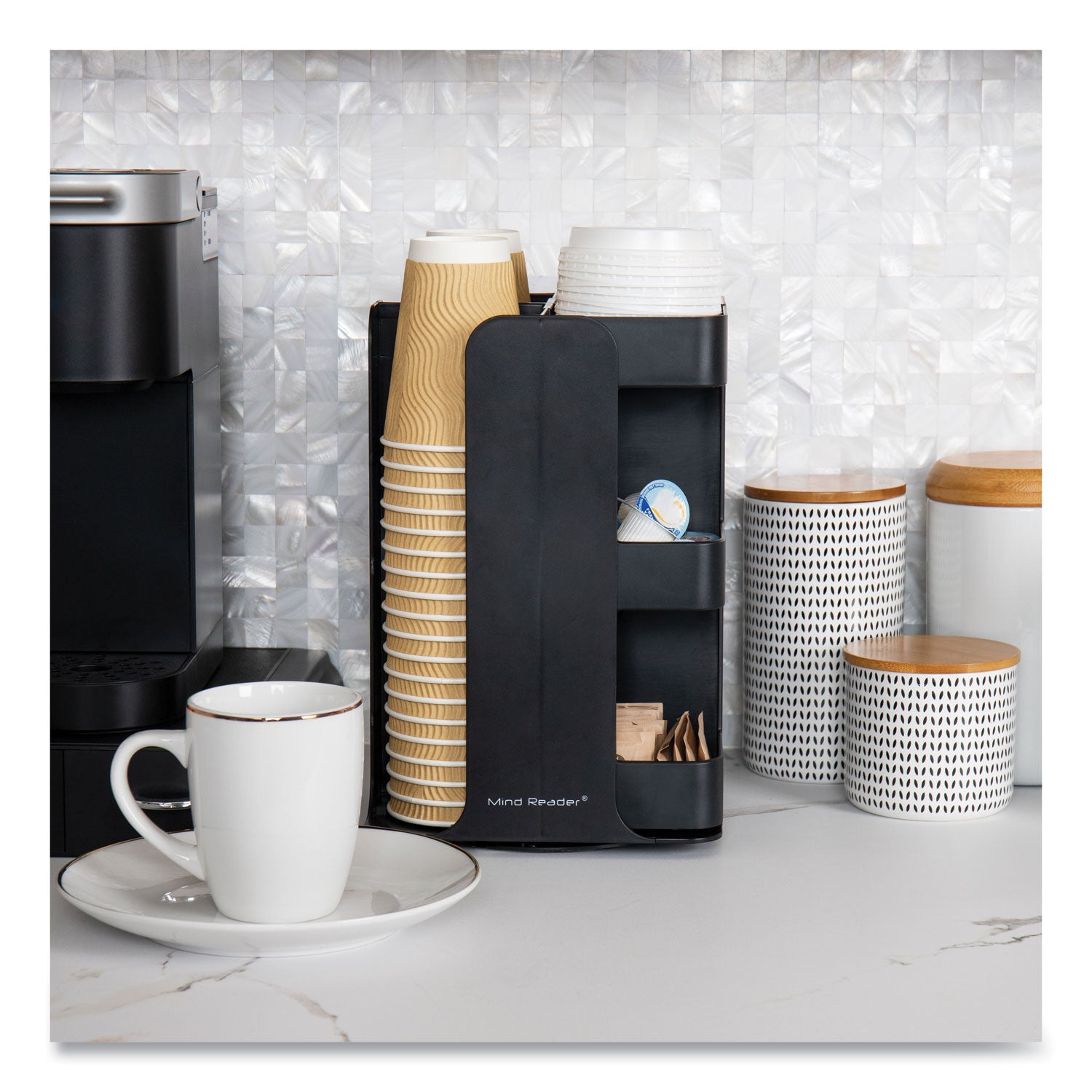 Anchor Collection 8-Compartment Coffee Cup, Lid, and Condiment Carousel Countertop Organizer, 8 x 8 x 12, Black
