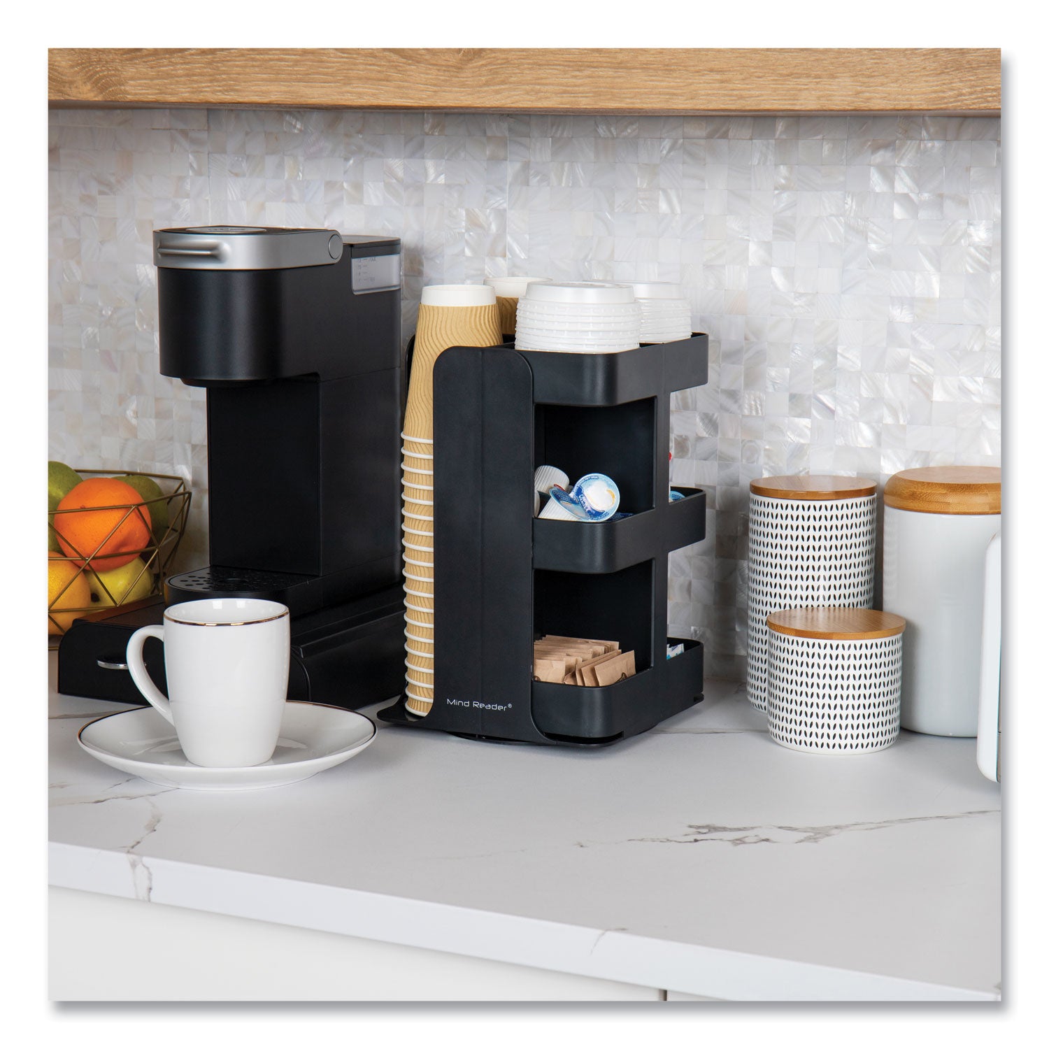 Anchor Collection 8-Compartment Coffee Cup, Lid, and Condiment Carousel Countertop Organizer, 8 x 8 x 12, Black