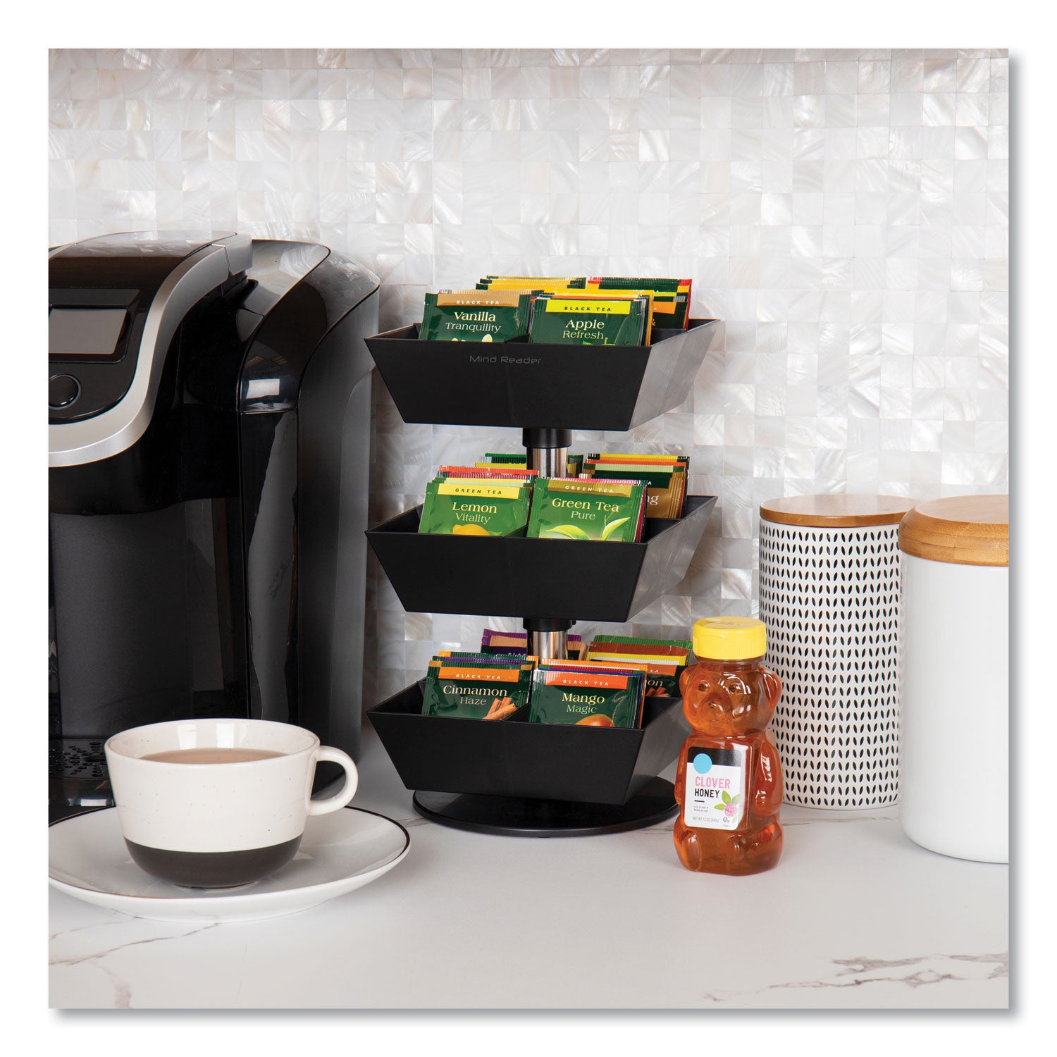 Anchor Collection 3-Tier 12-Compartment Tea and Condiment Carousel Countertop Organizer, 6.75 x 6.75 x 11.5, Black