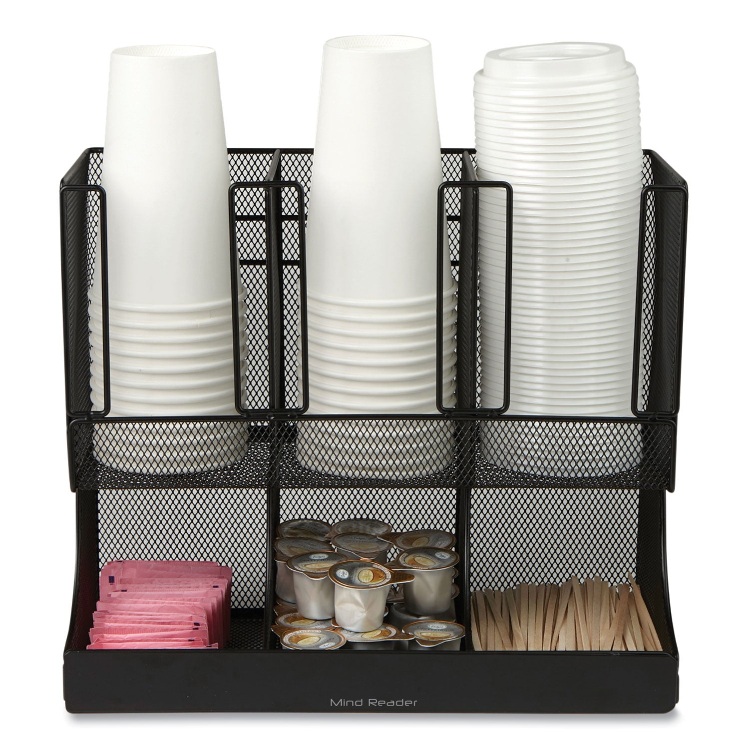Network Collection 2-Tier 6-Compartment Coffee Cup and Condiment Countertop Organizer, 5 x 13 x 11.5, Black
