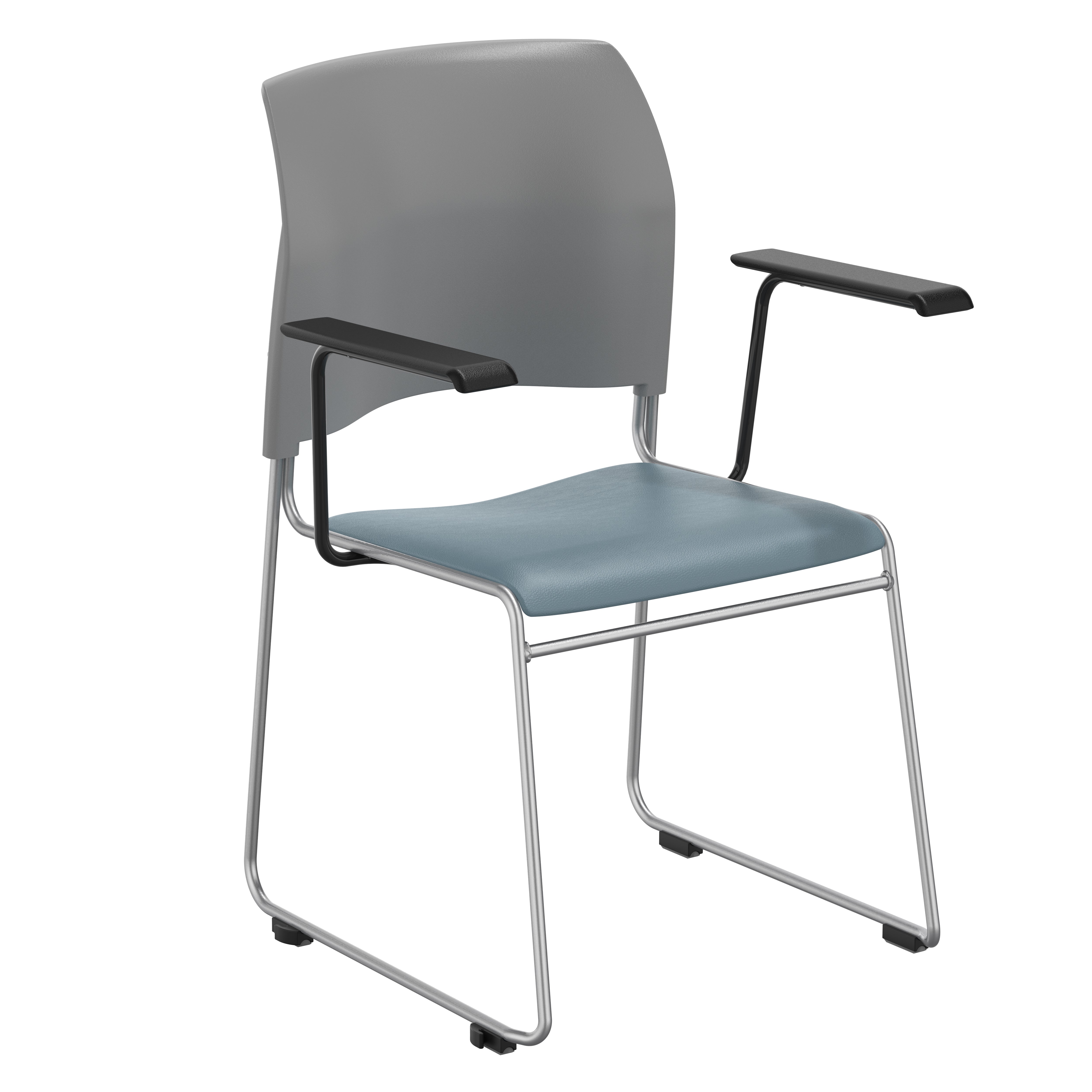 NPS® 8700 Series Cafetorium Plush Vinyl Stack Chair with Arms, Surface Color: Blue/Grey Vinyl, Frame Color: Silver