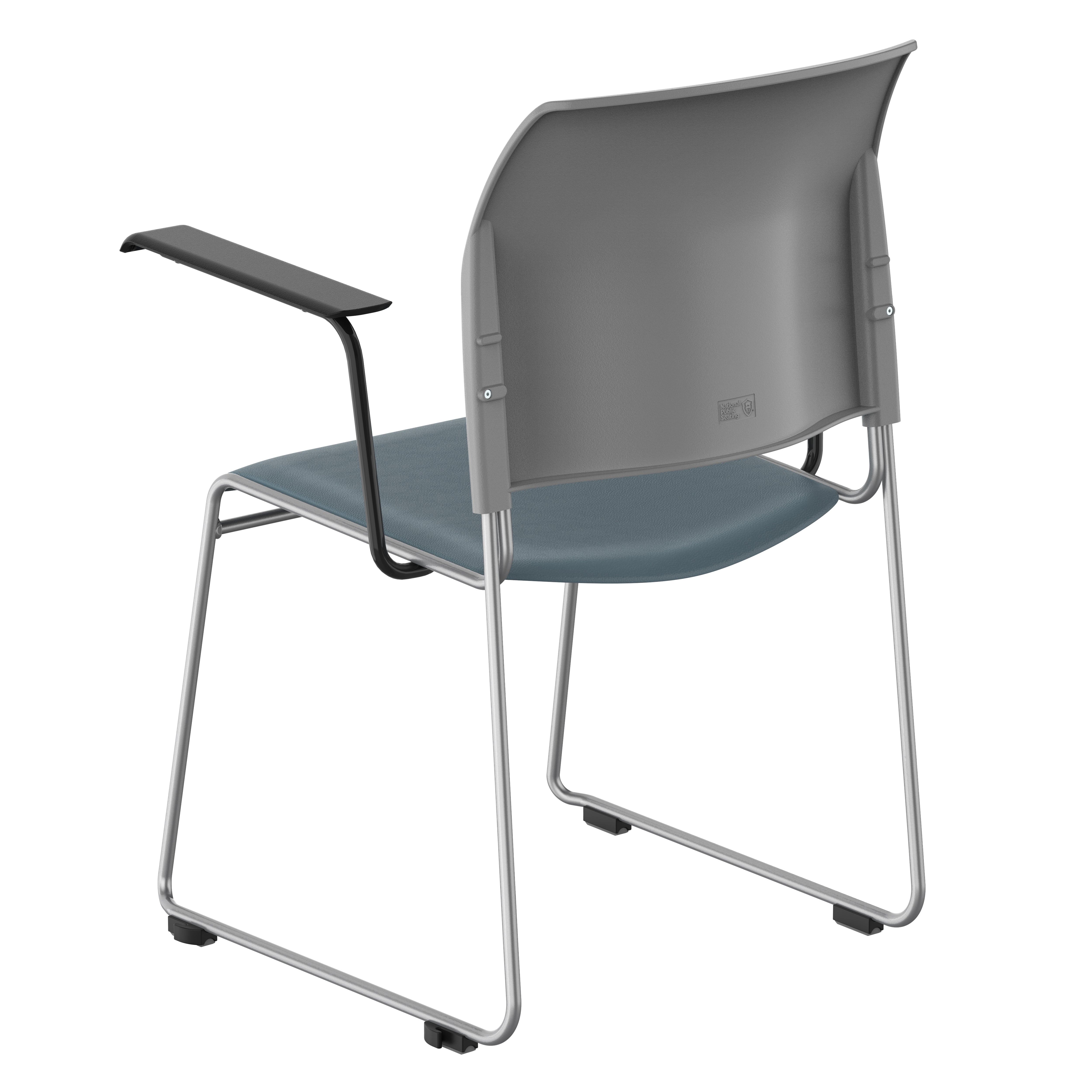 NPS® 8700 Series Cafetorium Plush Vinyl Stack Chair with Arms, Surface Color: Blue/Grey Vinyl, Frame Color: Silver