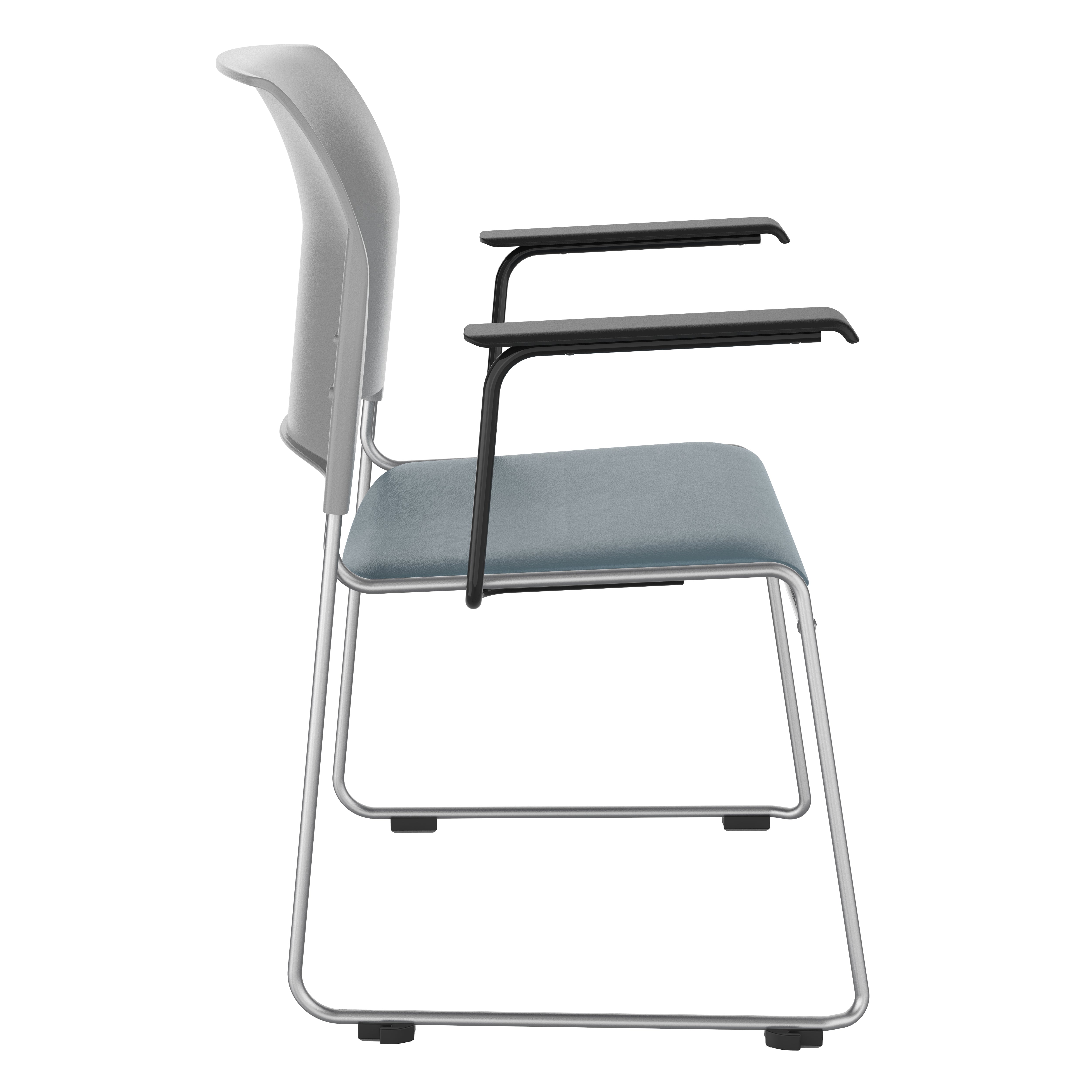 NPS® 8700 Series Cafetorium Plush Vinyl Stack Chair with Arms, Surface Color: Blue/Grey Vinyl, Frame Color: Silver