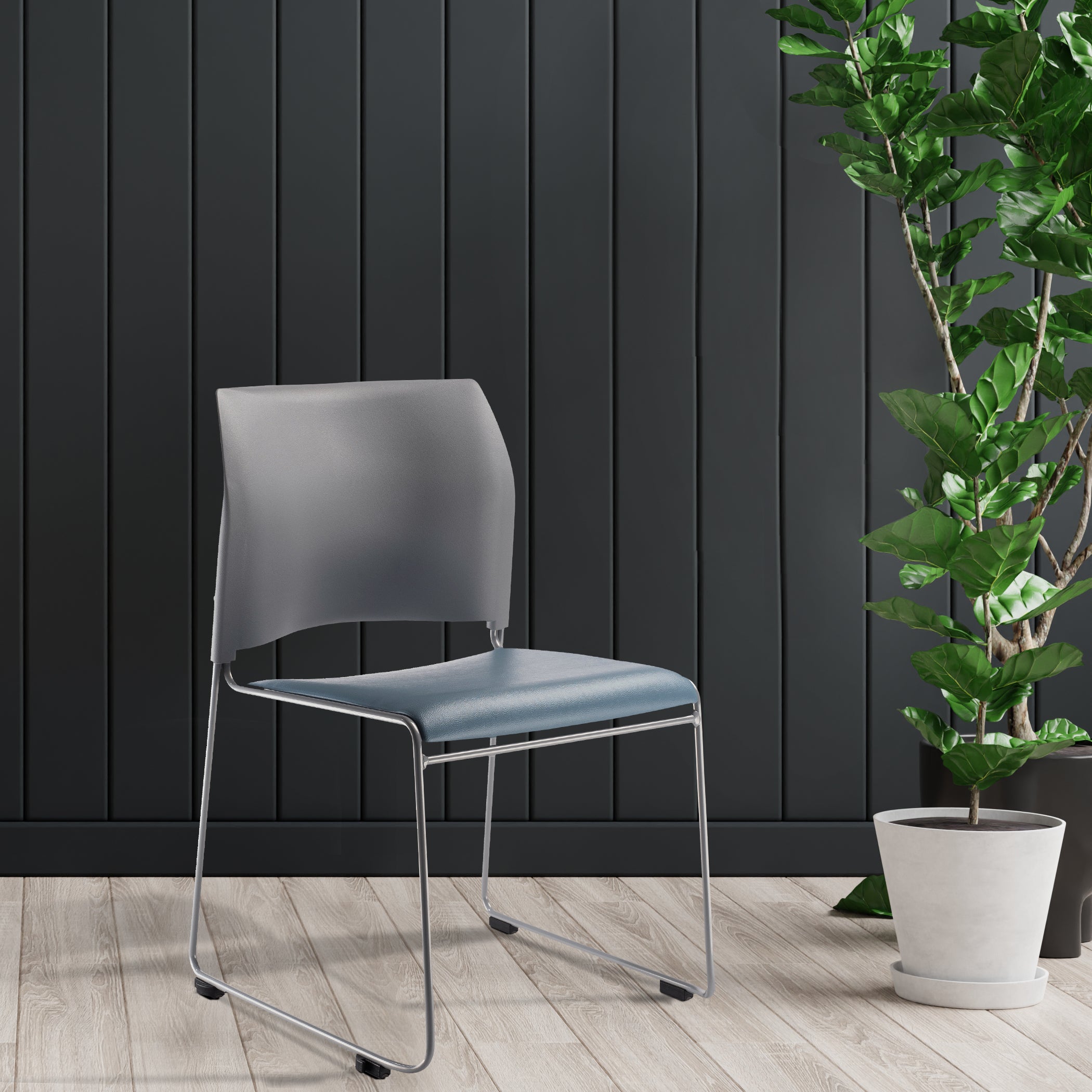 NPS® 8700 Series Cafetorium Plush Vinyl Stack Chair, Surface Color: Blue/Grey Vinyl, Frame Color: Silver