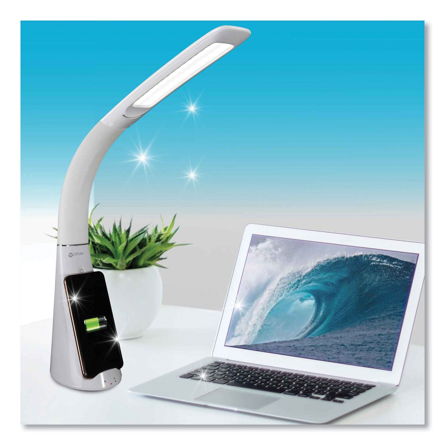 12" Height x 5" Width - LED Bulb - USB Charging, Flexible Neck, Sanitizing, Qi Wireless Charging - Desk Mountable - White - for Furniture, Desk, Office, Home, Dorm
