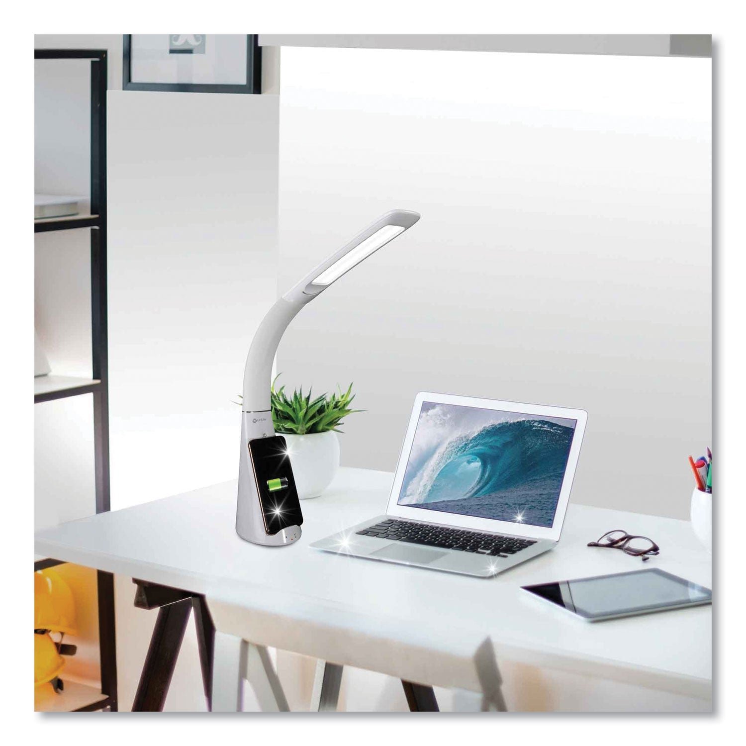 12" Height x 5" Width - LED Bulb - USB Charging, Flexible Neck, Sanitizing, Qi Wireless Charging - Desk Mountable - White - for Furniture, Desk, Office, Home, Dorm
