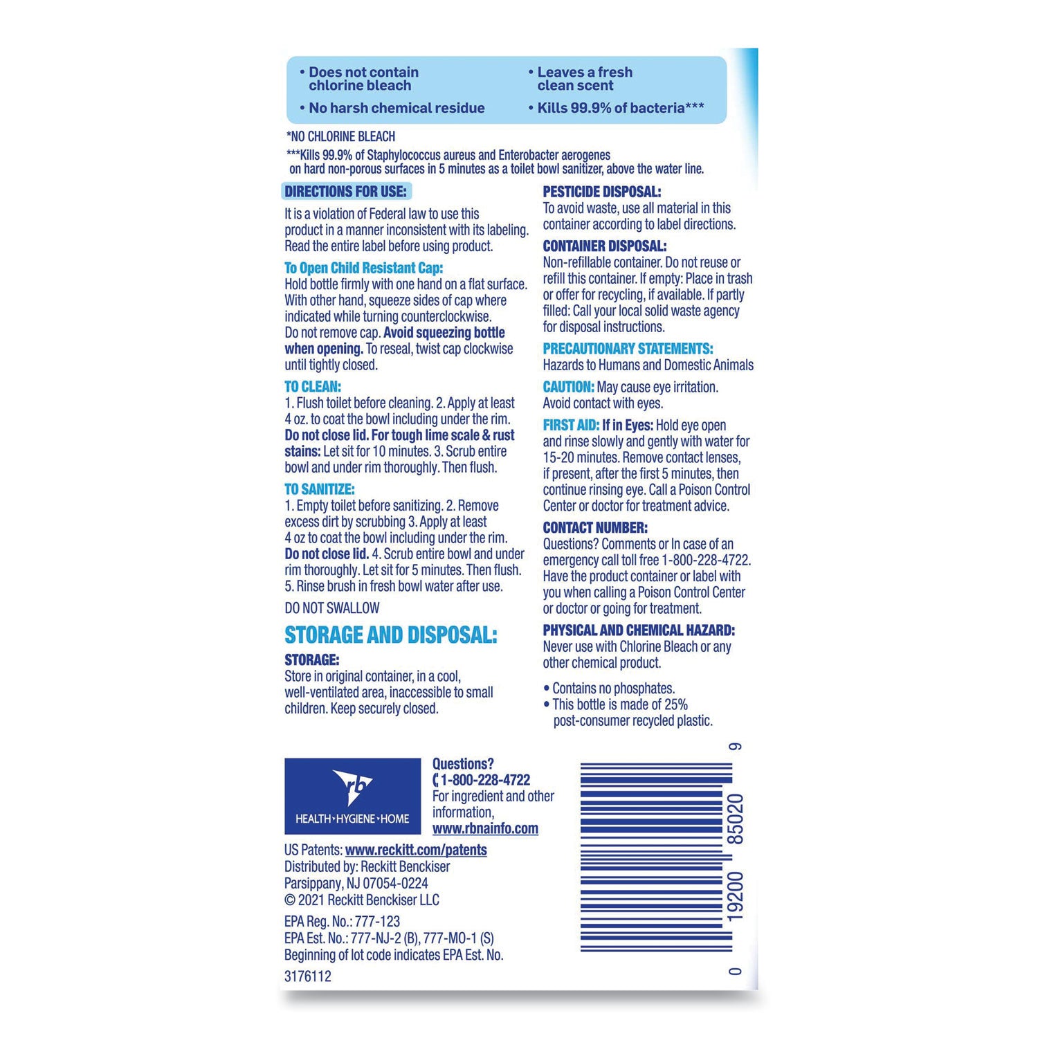 Lysol Hydrogen Peroxide Toilet Cleaner - 24 fl oz (0.8 quart) - Ocean Fresh Scent - Recommended For: Soap Scum Remover - Bleach-free, Residue-free - Blue - 1 Each