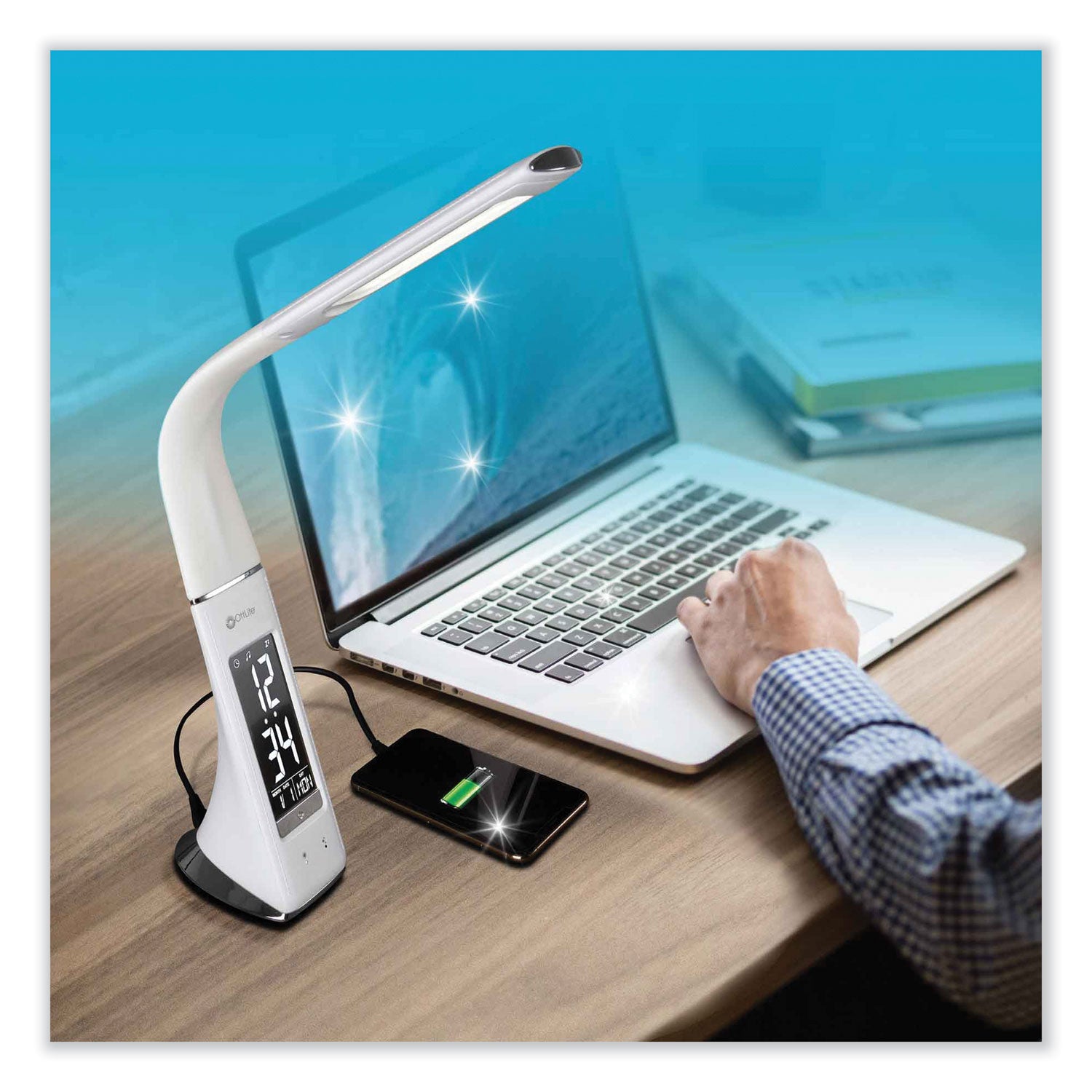 10" Height x 2.6" Width - LED Bulb - USB Charging, Flexible Neck, Clock, Sanitizing - Desk Mountable - White - for Furniture, Desk, Office, Home, Dorm