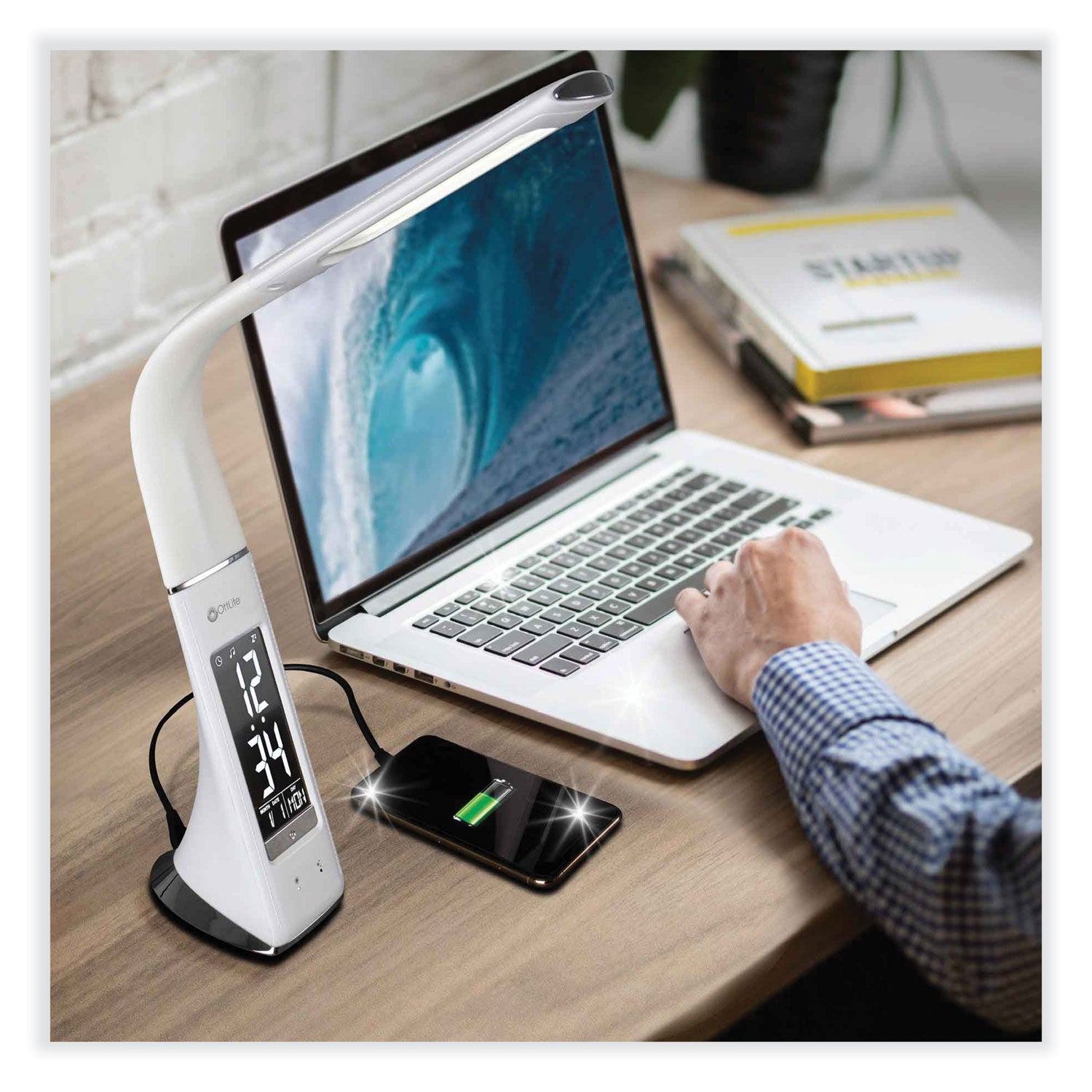 10" Height x 2.6" Width - LED Bulb - USB Charging, Flexible Neck, Clock, Sanitizing - Desk Mountable - White - for Furniture, Desk, Office, Home, Dorm