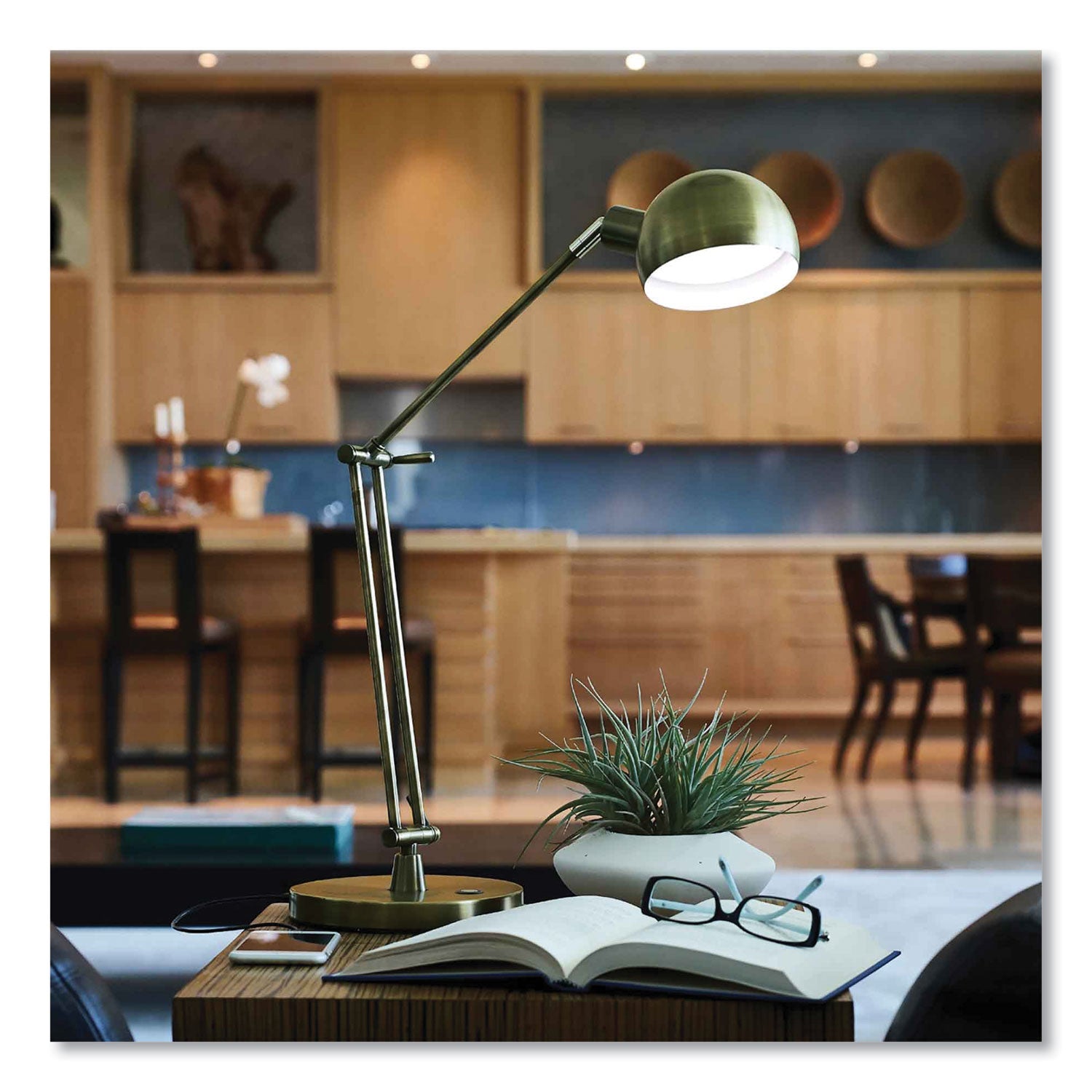 OttLite Wellness Series Refine LED Desk Lamp, 24" Height x 7" Width, Antique Brass, 400 lm, USB Charging, Adjustable Brightness, Touch-Activated, Adjustable Height, 1 Each
