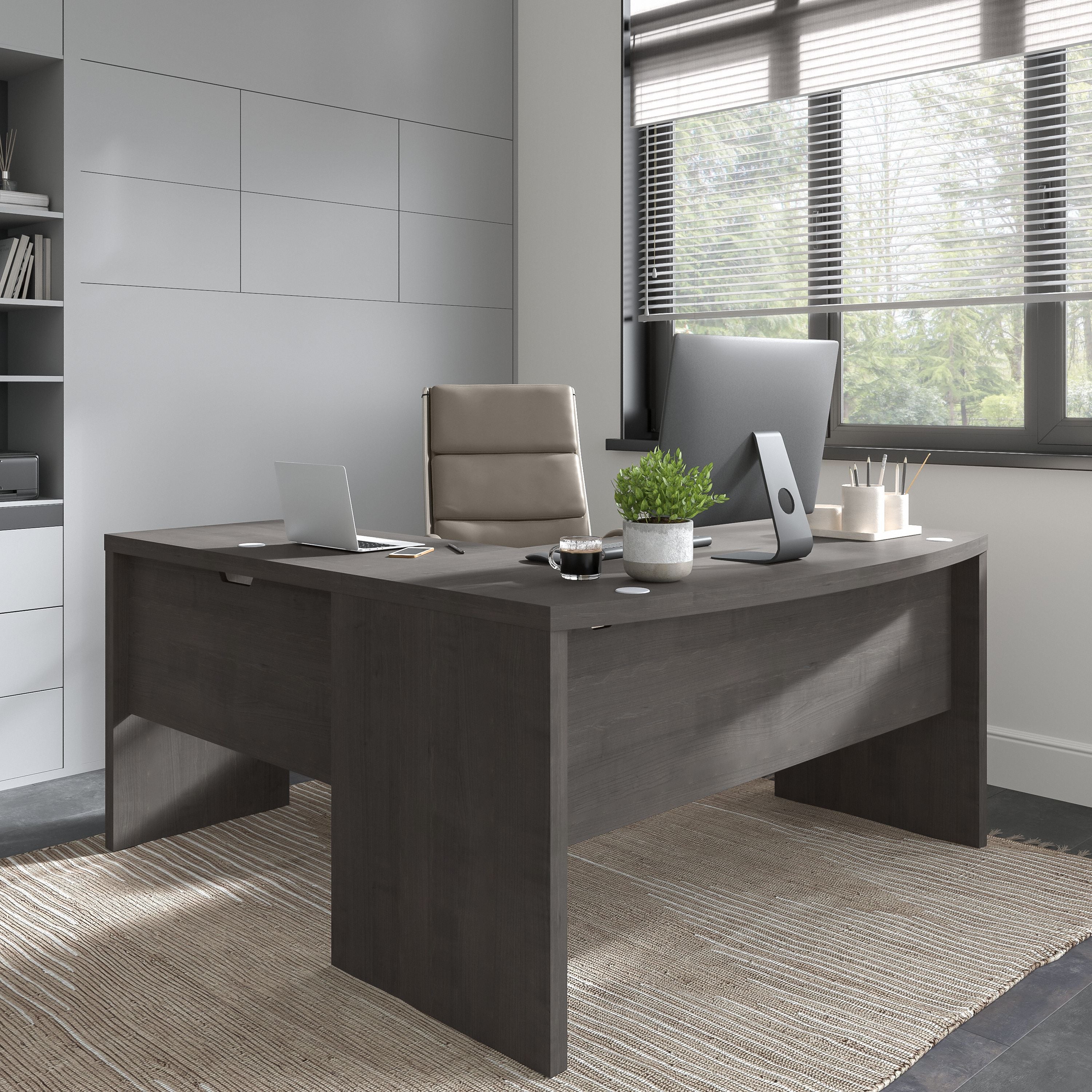 Bush Business Furniture Echo L Shaped Bow Front Desk in Charcoal Maple - 60" Width x 64.02" Depth x 30" Height