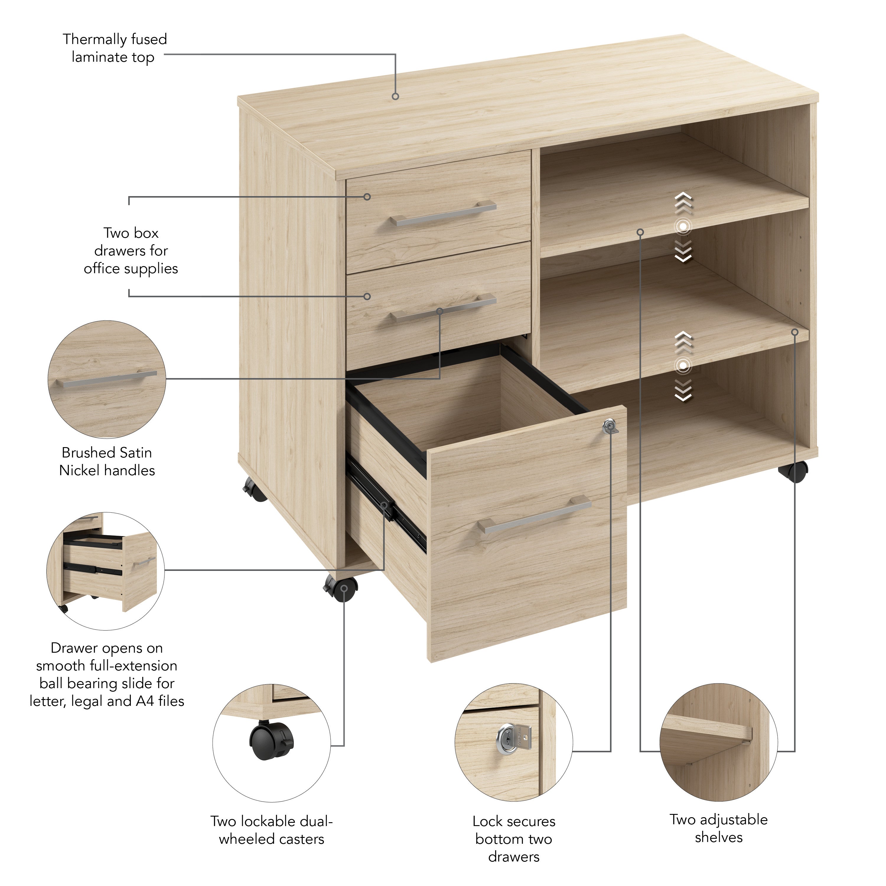 Bush Business Furniture Hustle Rolling Storage Cabinet with Drawers and Shelves in Natural Elm - Assembled - 39.61" Width x 19.61" Depth x 29.96" Height
