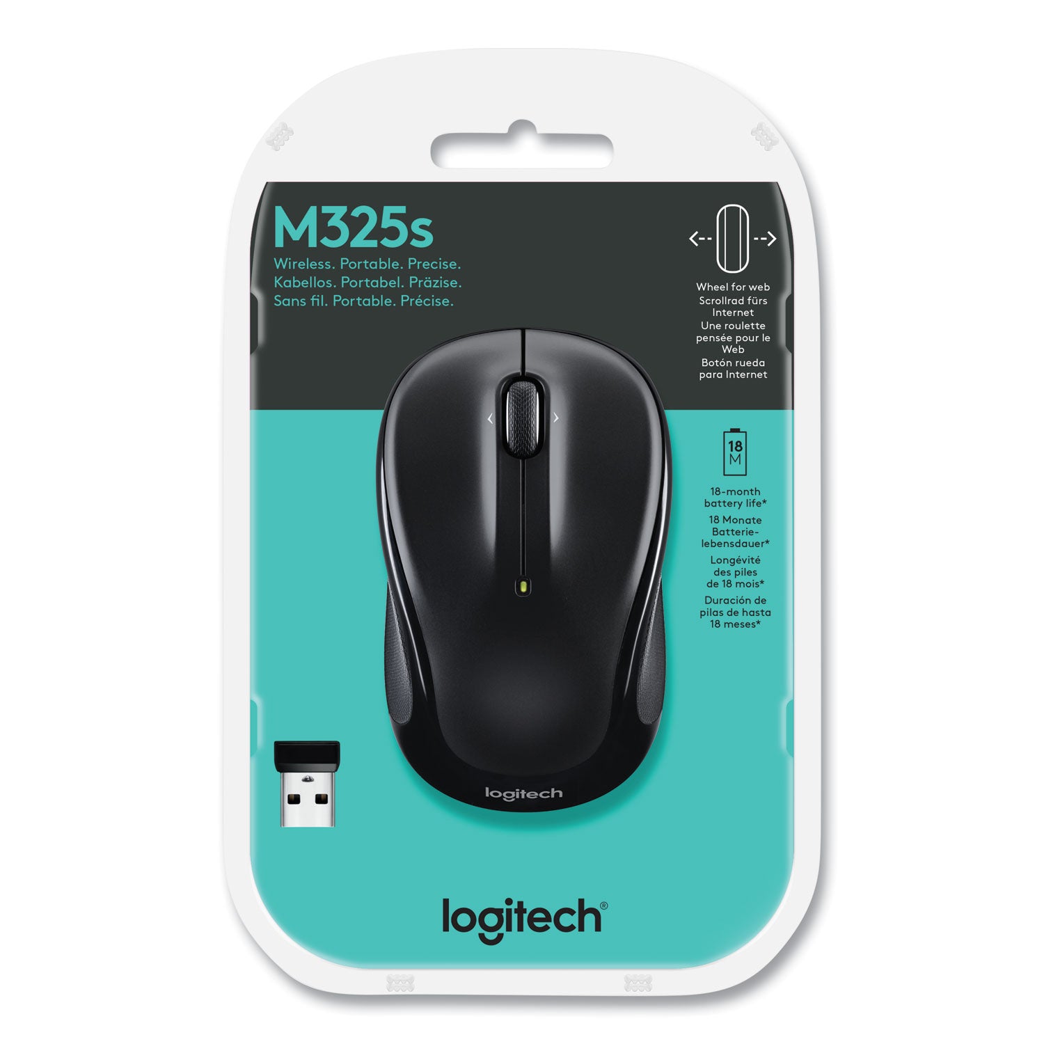 Logitech M325S Wireless Optical Mouse, 5 Buttons, Symmetrical Design, USB, Black, 1 Each