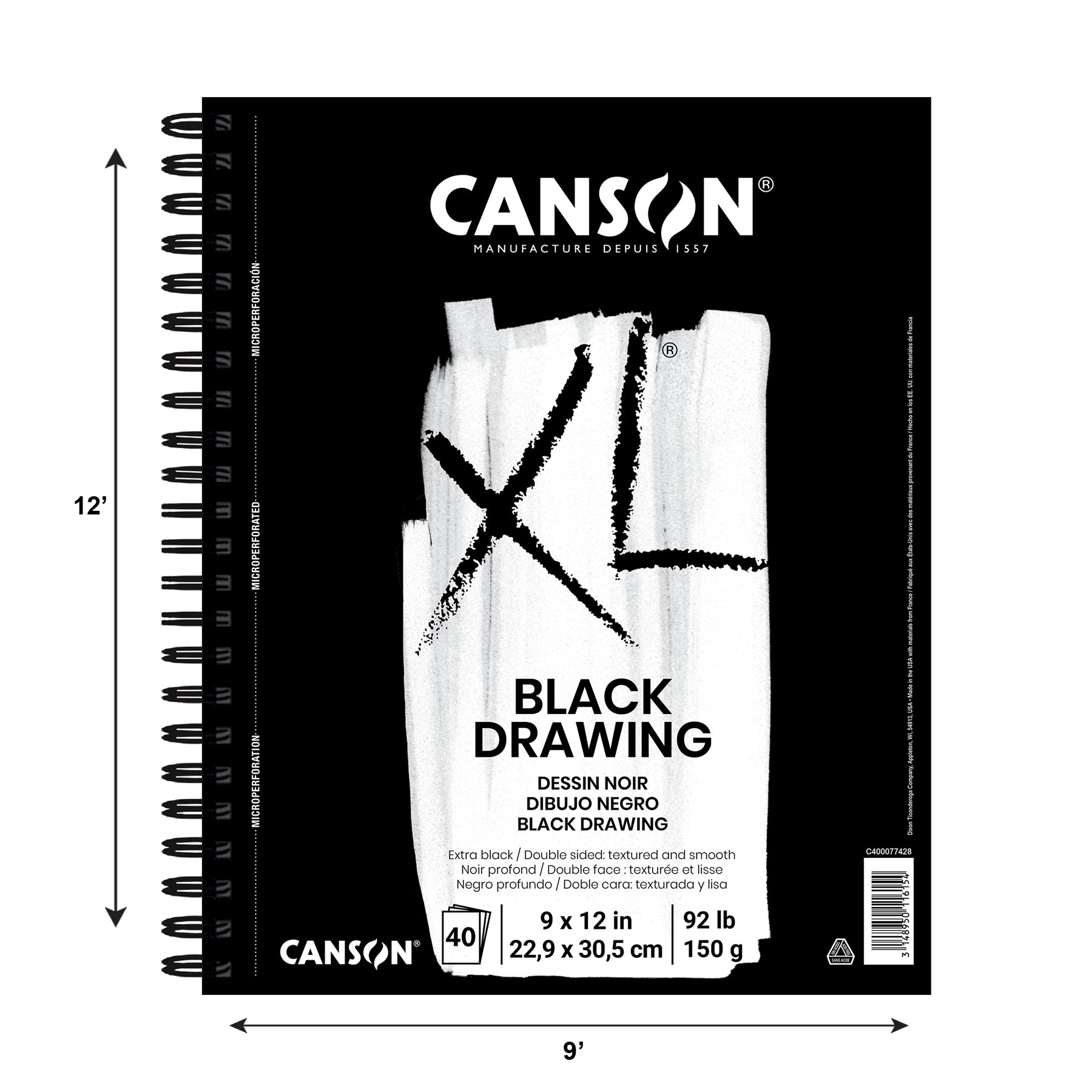 XL Series Drawing Pad, Black, Side Wire Binding, 10 Sheet, 9x12 inch, 1 Count