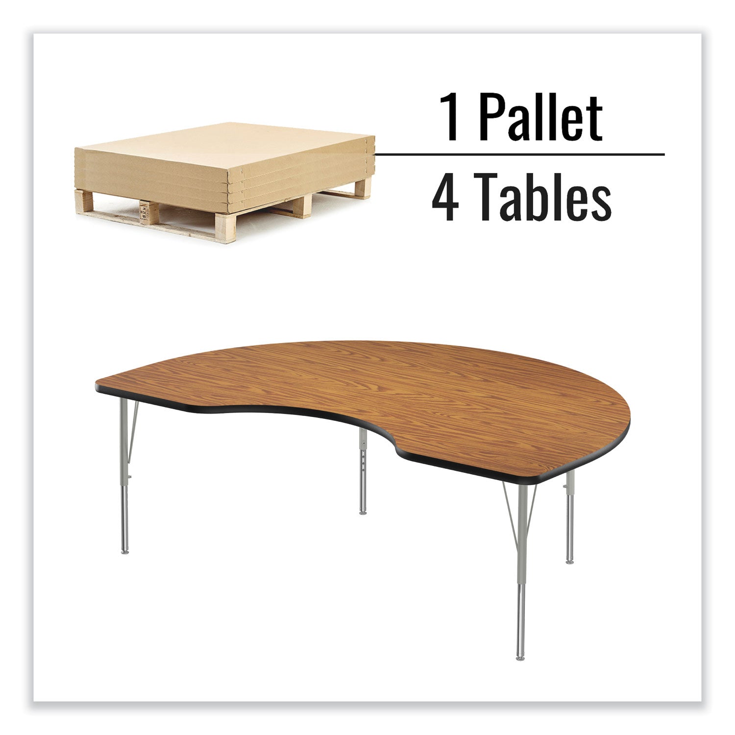 Adjustable Activity Table, Kidney Shape, 72" x 48" x 19" to 29", Medium Oak Top, Gray Legs, 4/Pallet